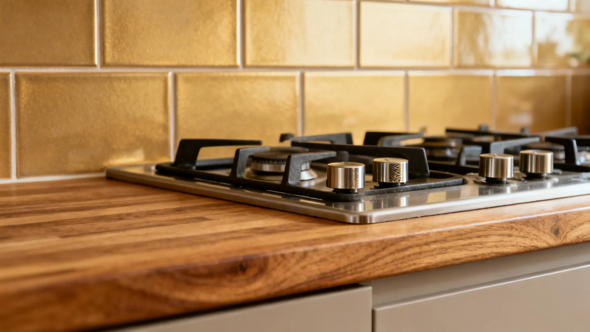 Macro of matte backsplash and cooktop controls on a south-east kitchen wall with soft daylight.