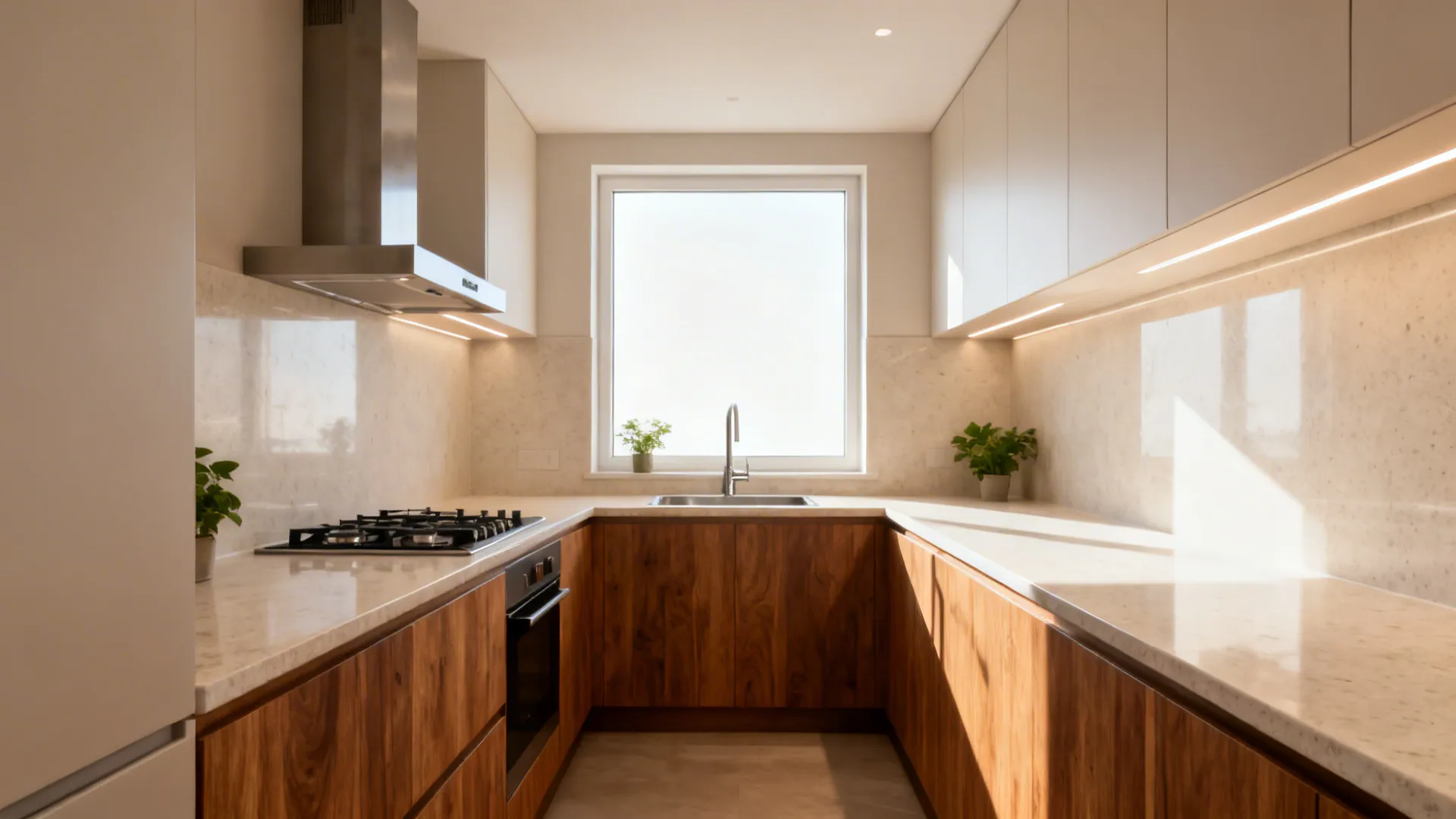 Small kitchen with a southeast cooktop and a northeast sink under a window, ventilated and bright