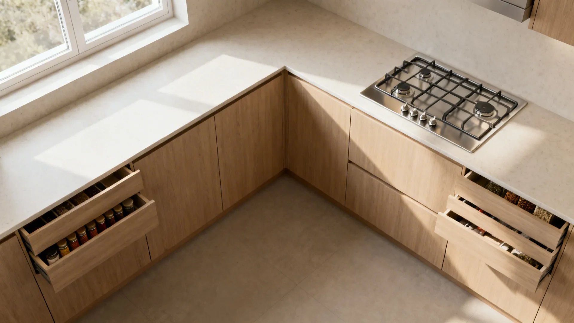 L-shaped compact kitchen with a Southeast corner cooktop and East-facing orientation.