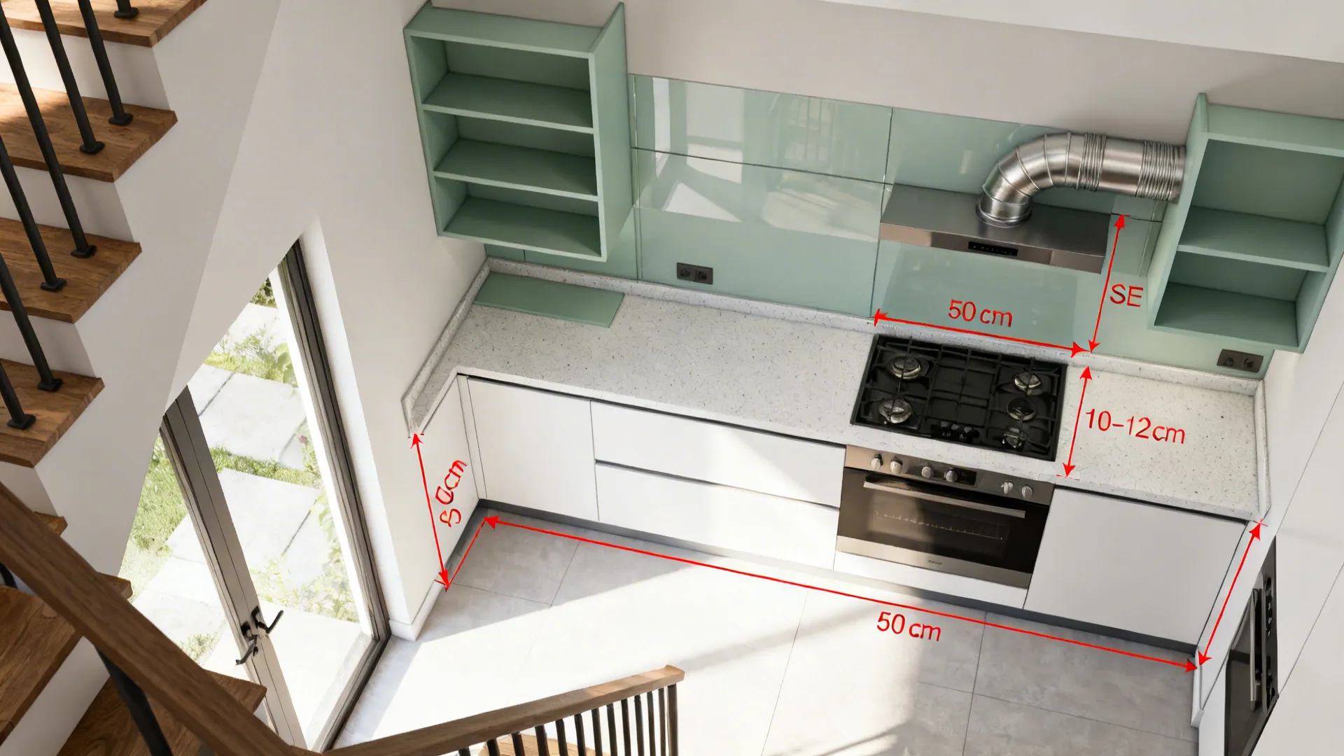 Top-down layout with SE cooktop, short duct route, and storage to east or north.