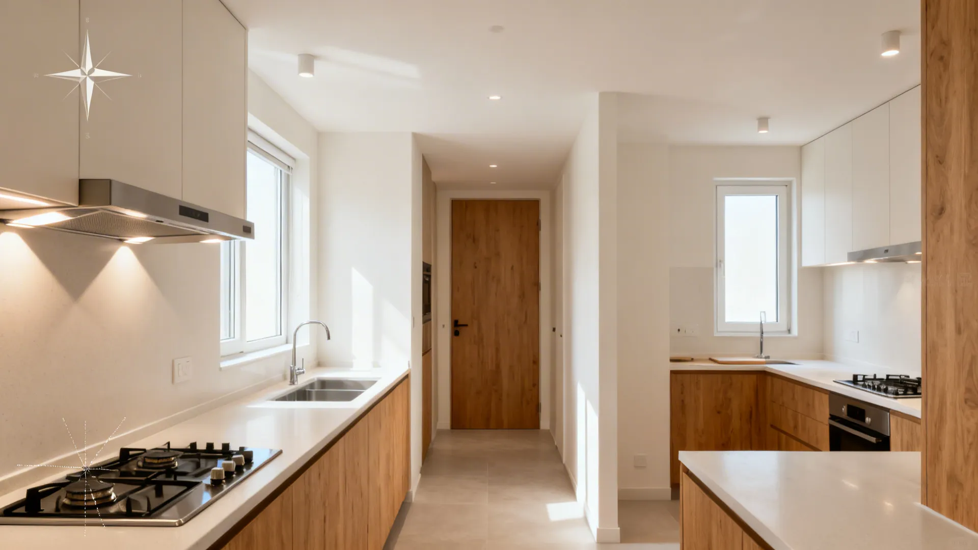 Kitchen placed in the southeast of a north-facing home with bright ambient light.