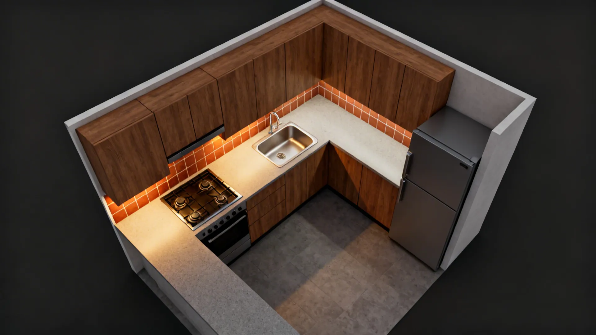 Top-down L-shaped kitchen plan with cooktop in southeast and clear workflow zones.
