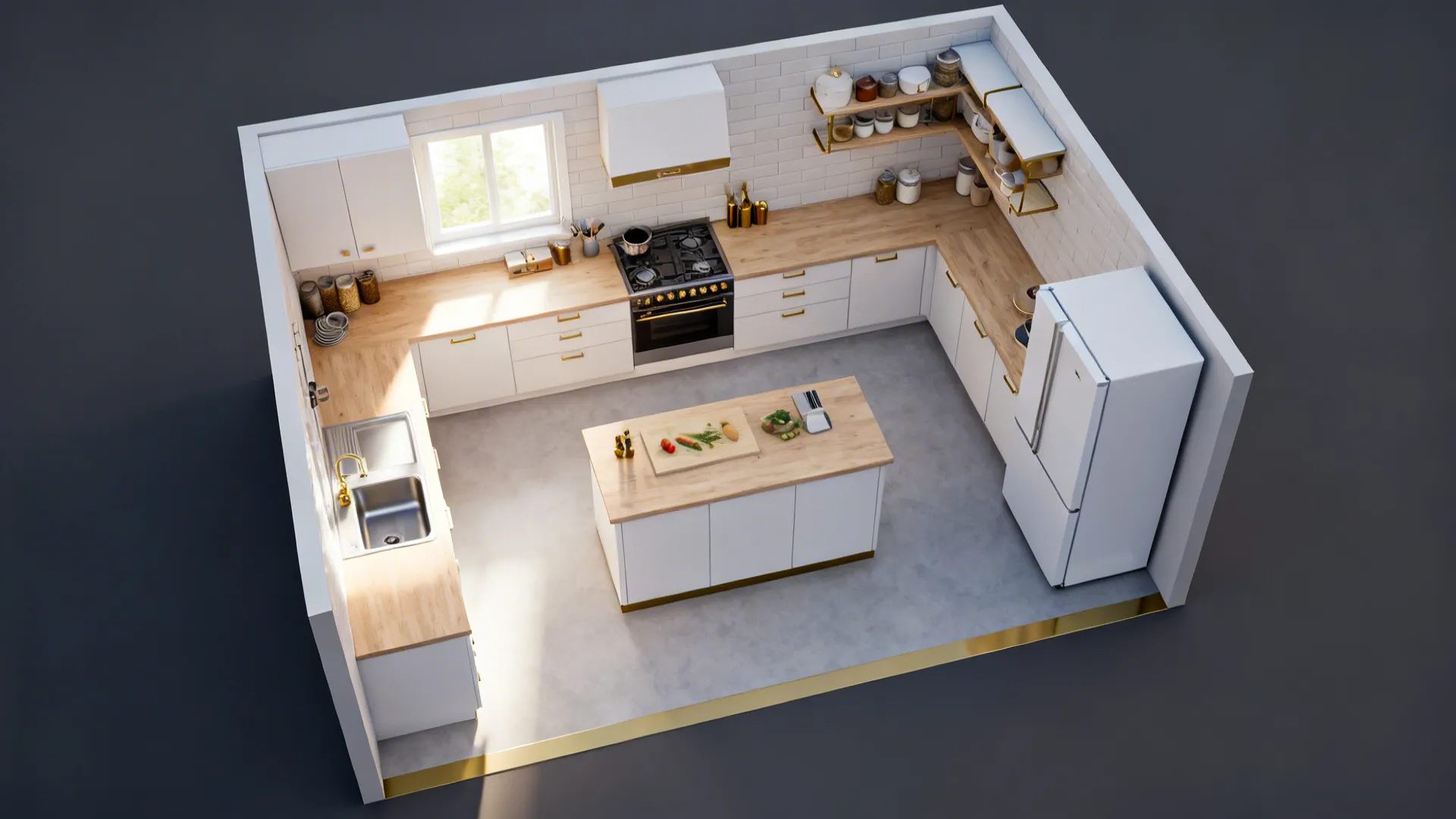 Modern white kitchen with wood countertops and center island seen from a high angle view
