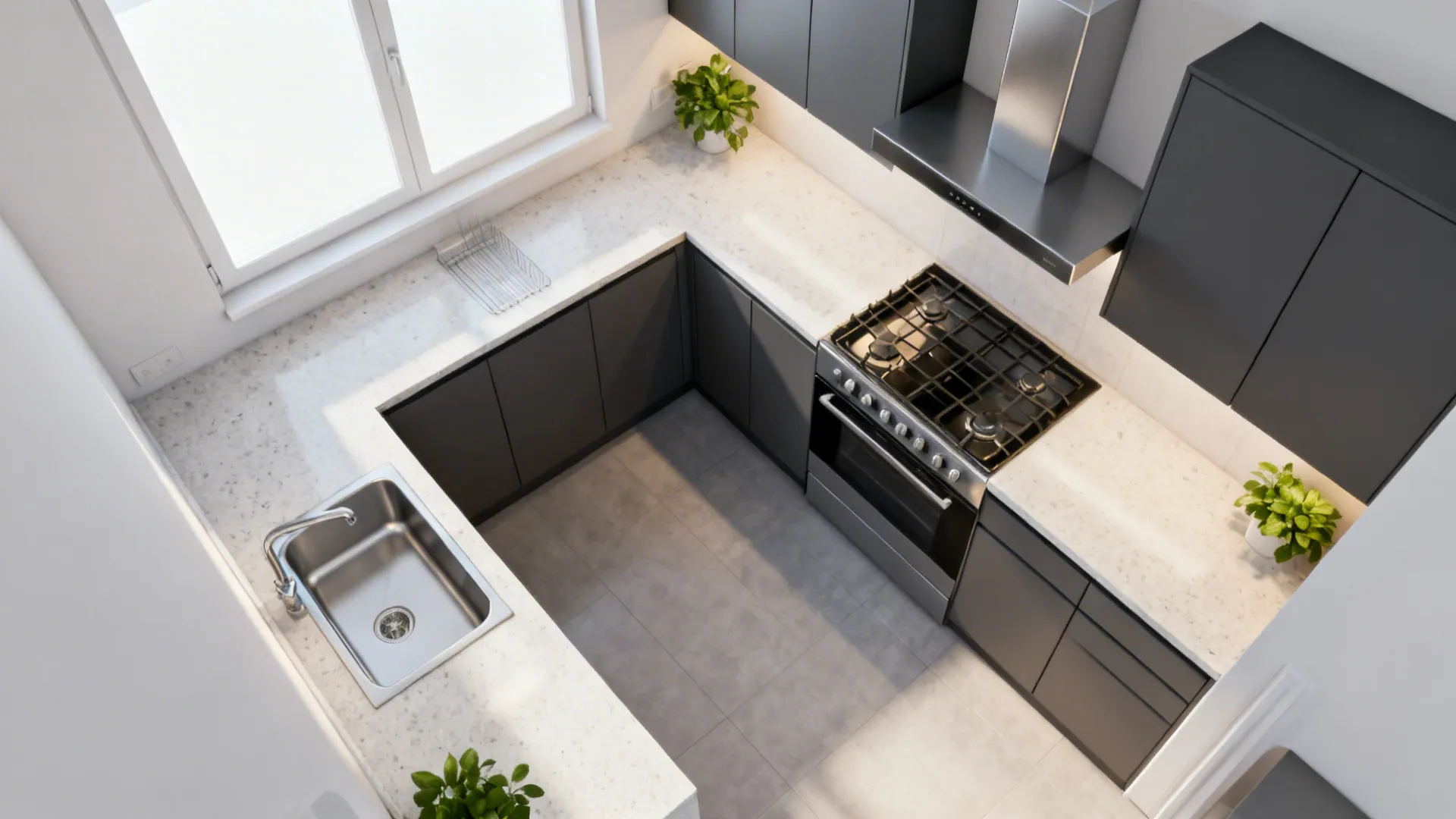 Kitchen layout with stove in southeast and sink in northeast with ample prep space