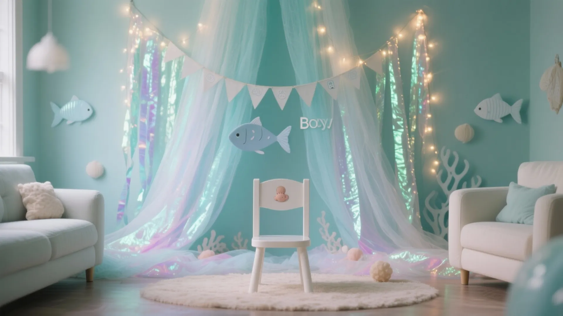 Under-the-Sea Backdrop with Iridescent Streamers and Soft Lighting