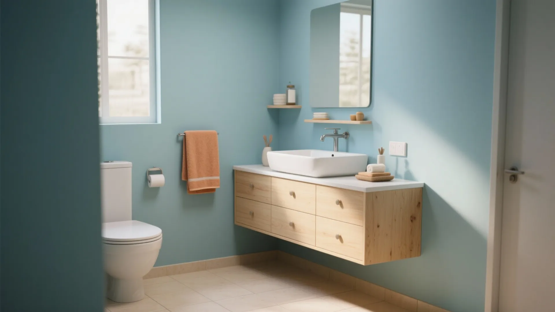 Modern bathroom with blue walls wooden cabinet white vessel sink toilet orange towel and natural light