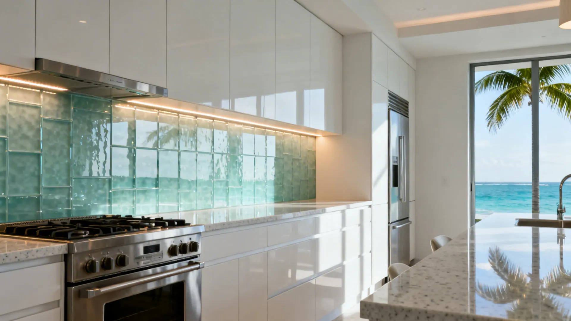Sea-glass tinted back-painted glass backsplash reflecting warm LED light in a modern galley kitchen.