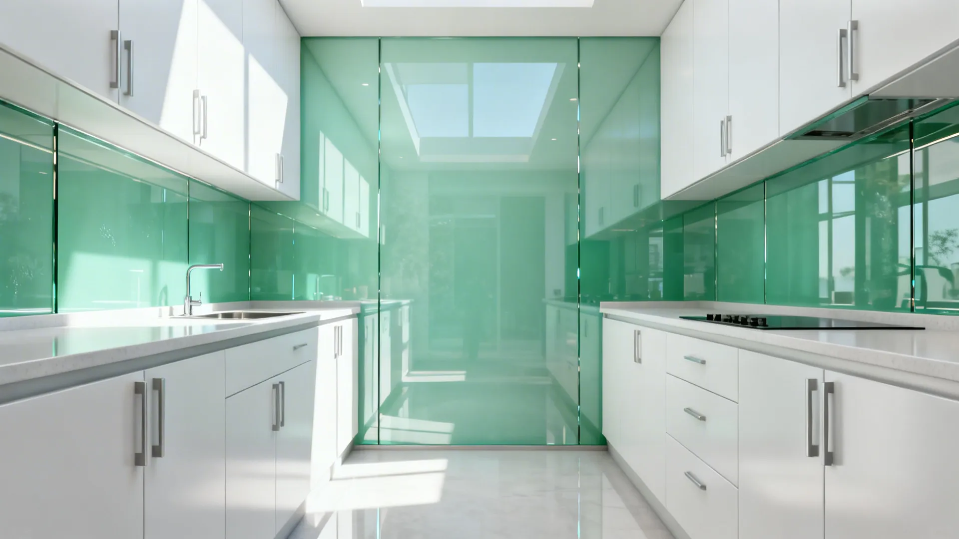 White kitchen with a sea-glass green back-painted glass backsplash reflecting light and brightening a narrow layout.