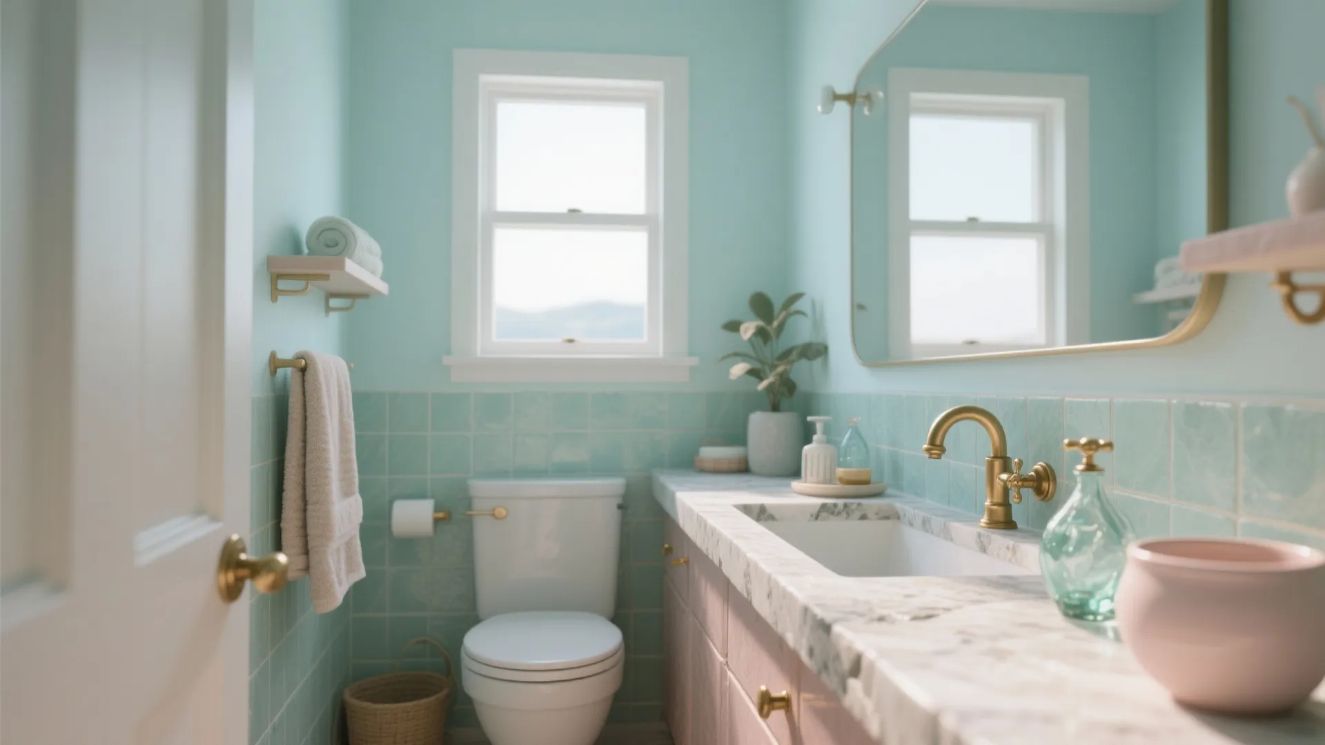 Light blue bathroom with white toilet, pink cabinet, marble counter, gold faucet, and large mirror