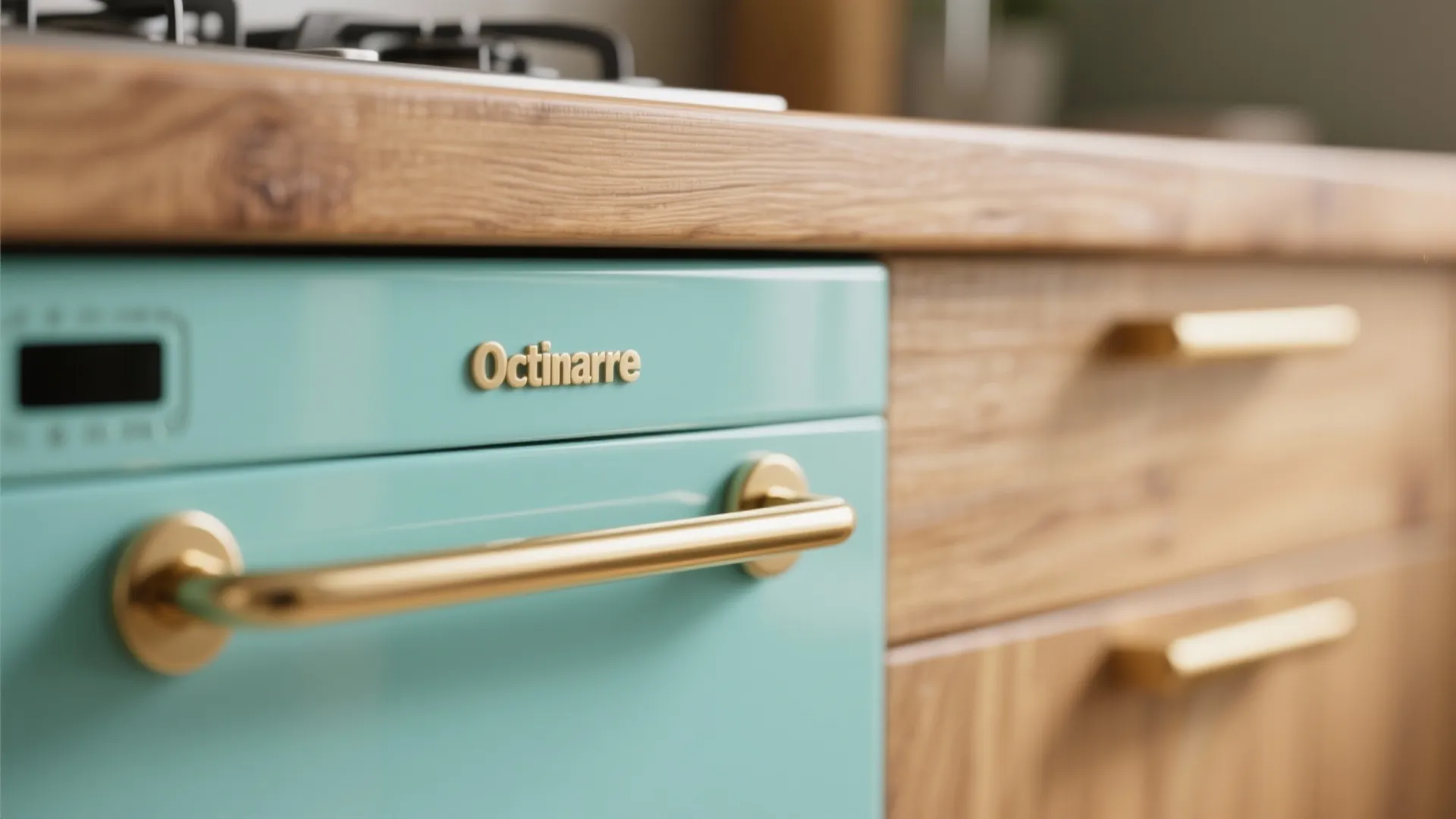 Close up of a blue stove with gold handle next to wooden kitchen cabinet drawers