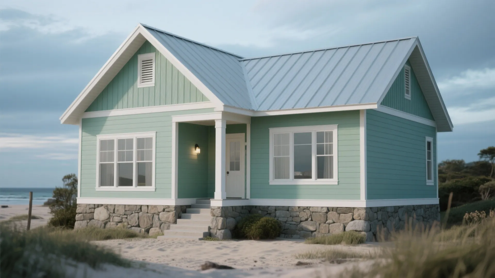 3. Muted Sea Glass Greens with Crisp White Trim