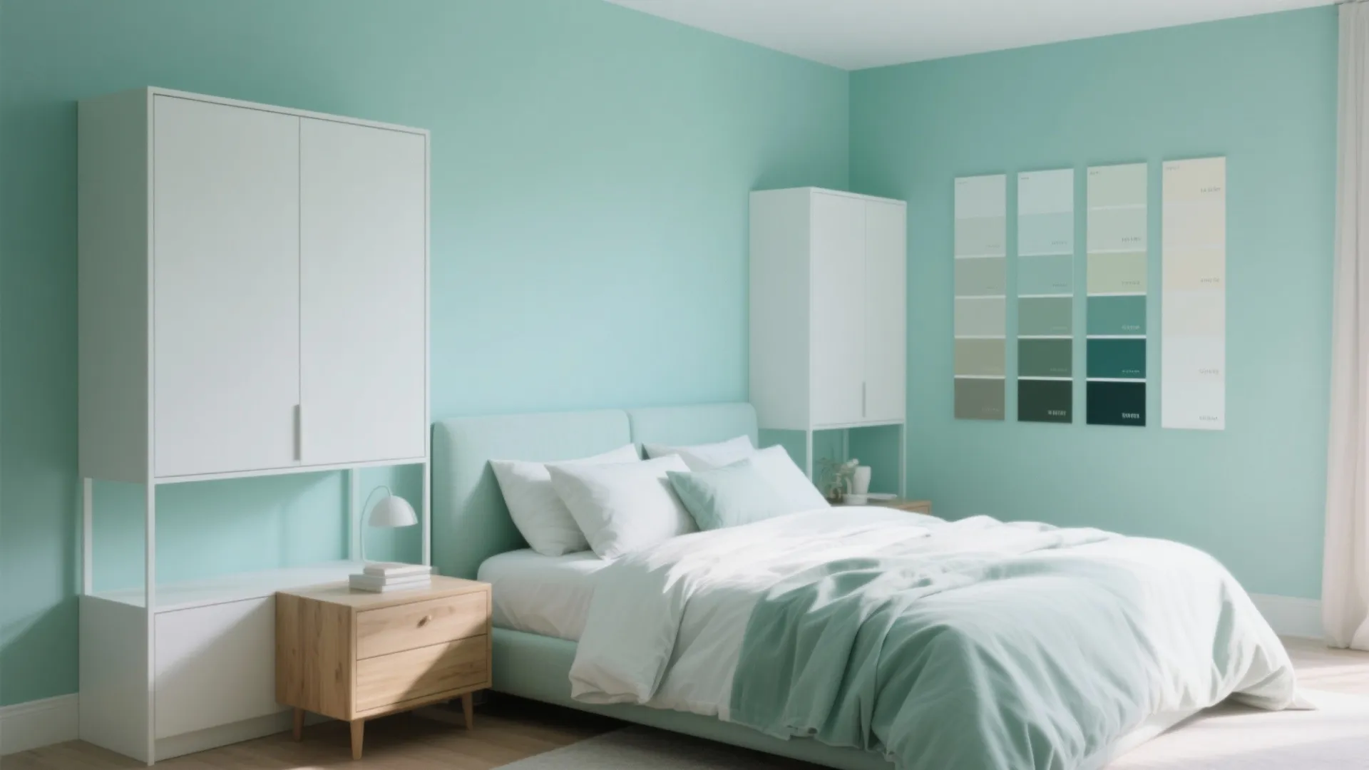 Light green bedroom with white bed, wooden nightstand, wall color samples, and white wall cabinets