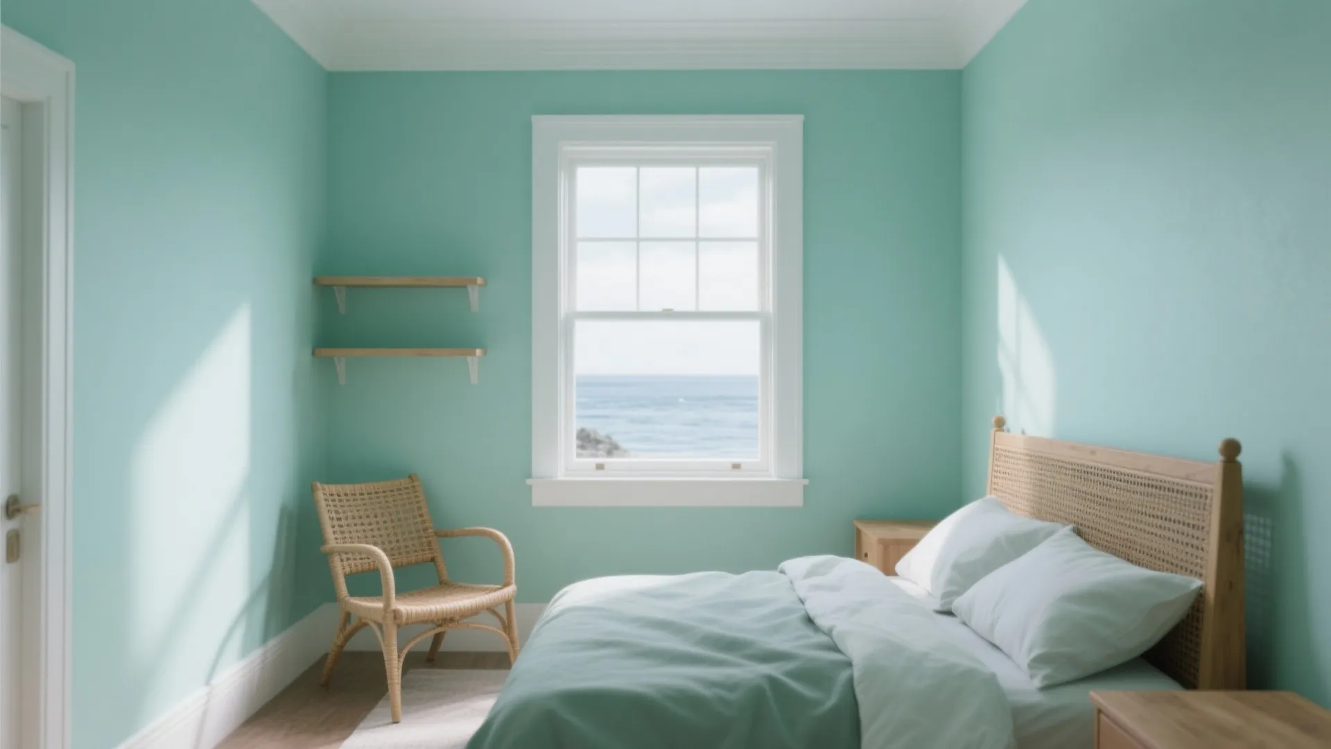North-facing bedroom with sea-glass green walls, white trim and natural wood accents.