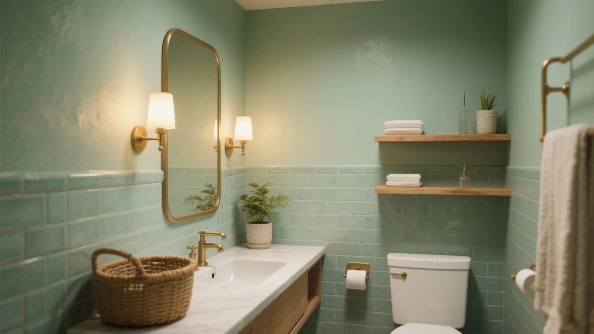 Sea glass green bathroom with marble vanity gold sink fixture wall lights and wooden floating shelves