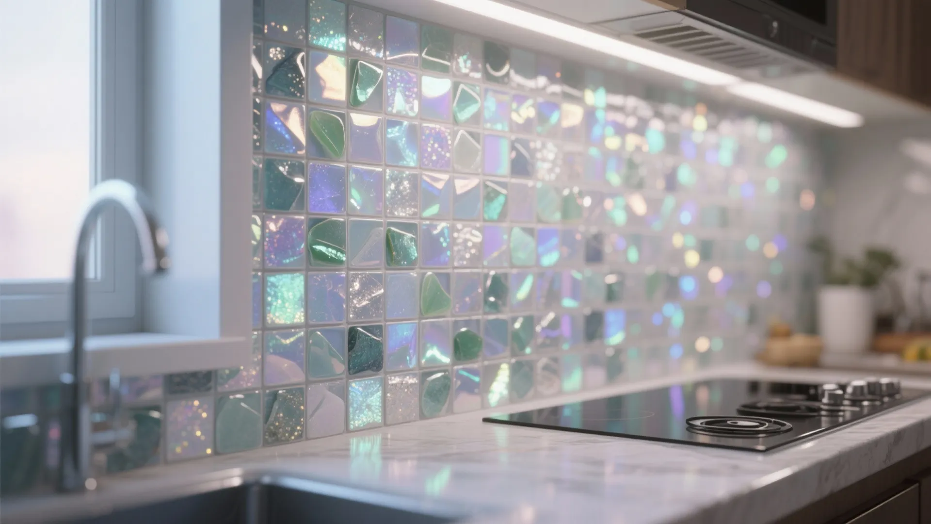 Colorful glass mosaic kitchen wall tiles near a sink and stove under warm cabinet lighting