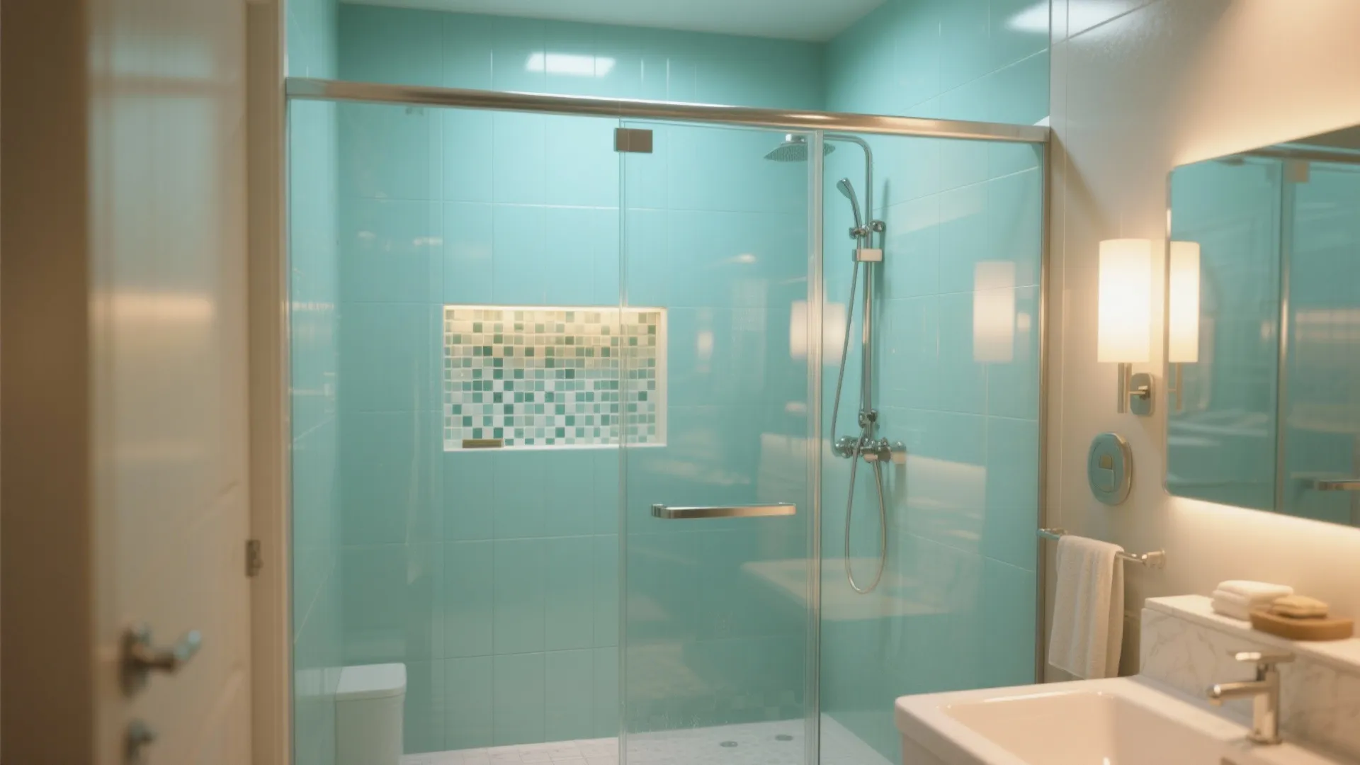 Sea-Glass Shower with Soft Aqua Panels
