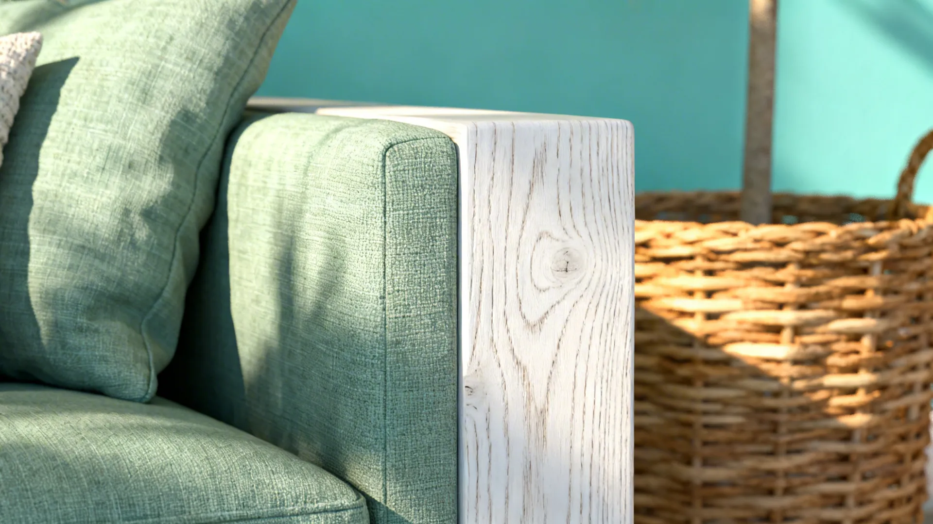 Close-up of sage linen sofa, rattan basket and white oak grain with pale aqua wall