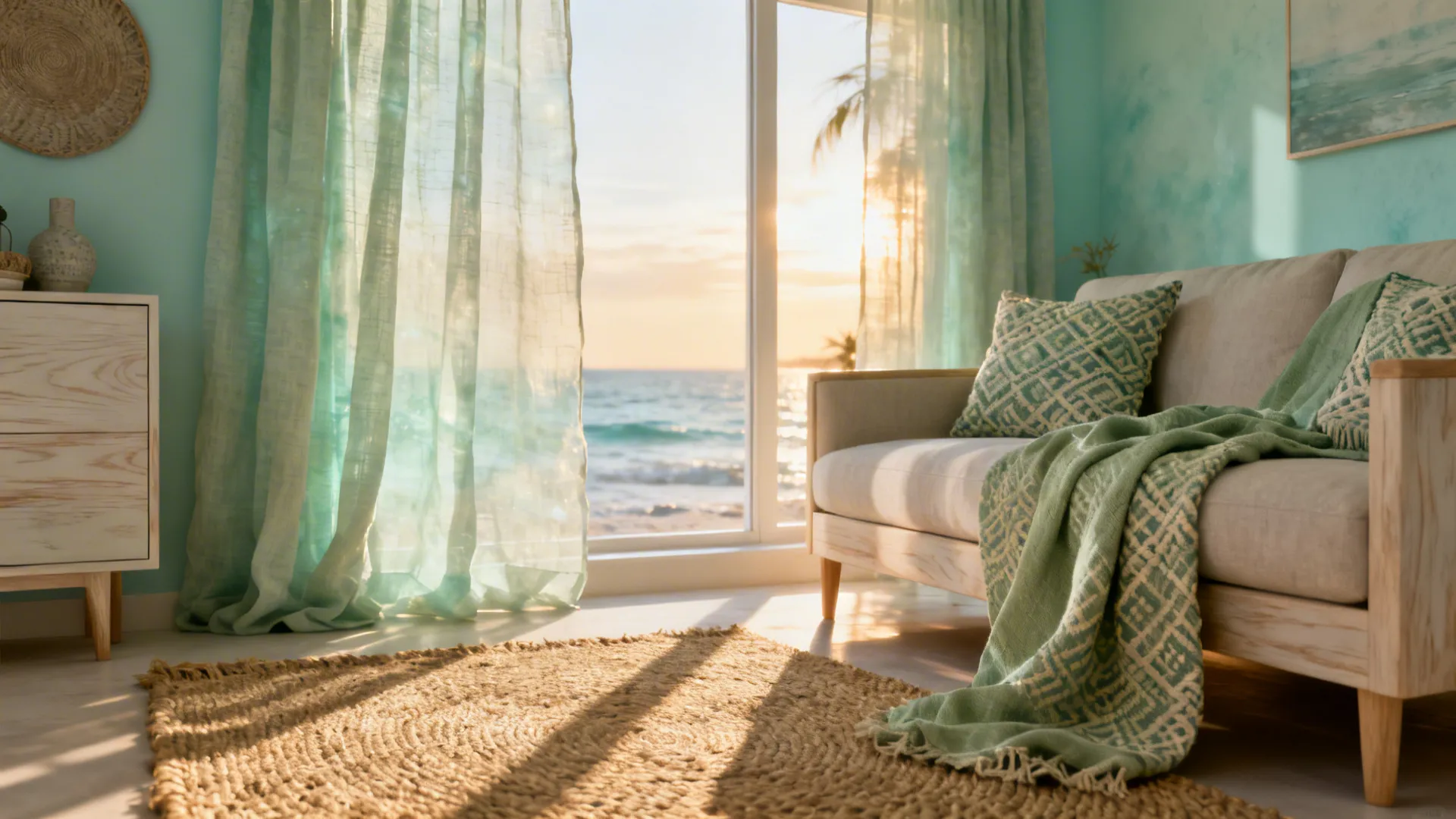 Airy living room in pale aqua and celadon with jute rug and light wood furniture