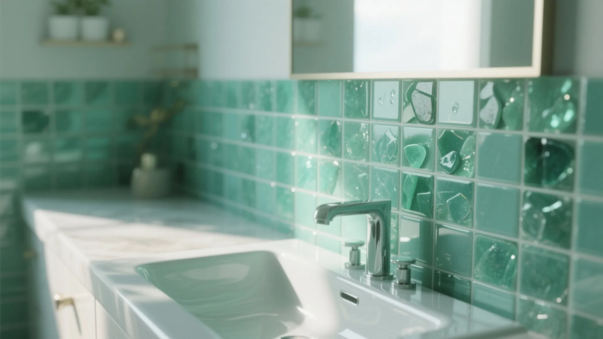 Sea-glass green tiles behind a narrow sink reflecting daylight