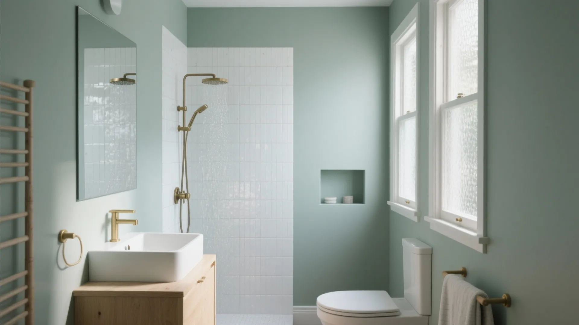 Modern light green bathroom featuring a white sink wooden cabinet gold fixtures and glass windows