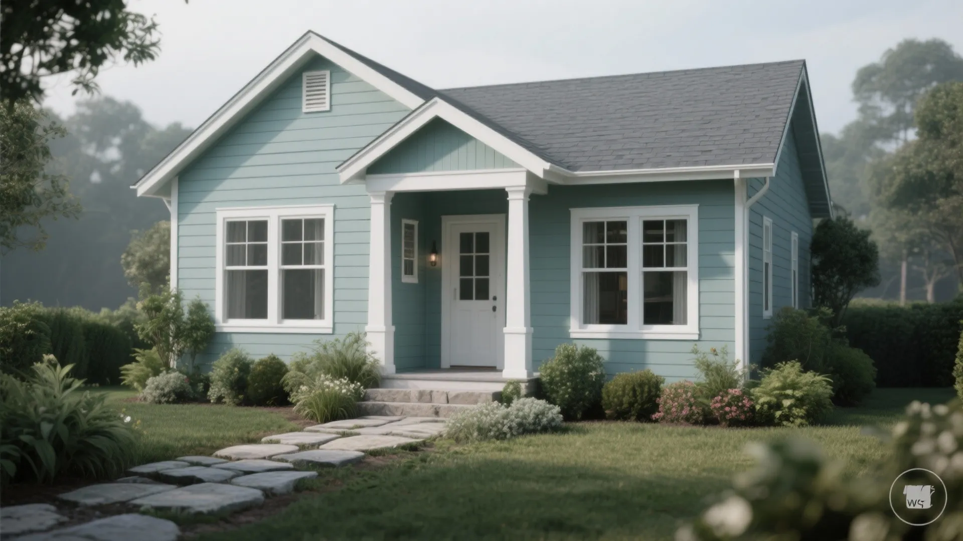 Small light blue house with white trim stone path green lawn and a white porch