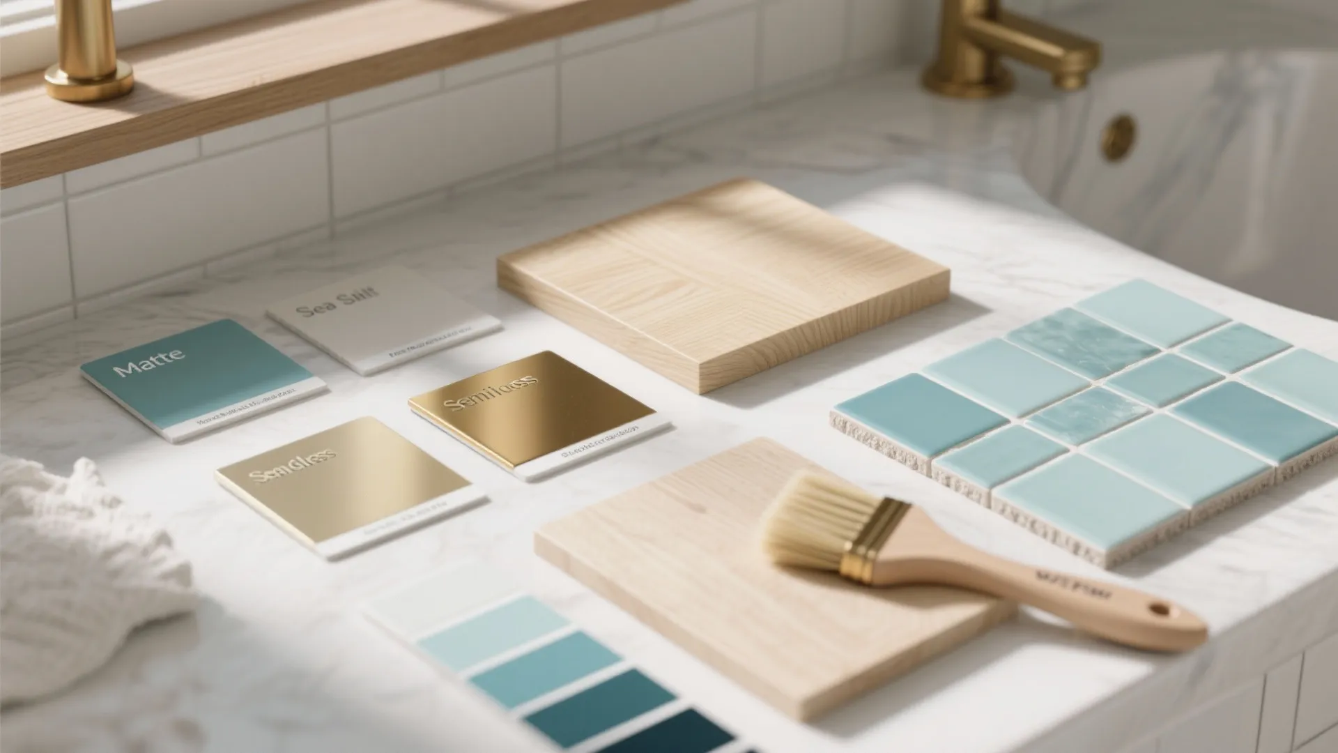 Material samples of blue tiles wood blocks and paint colors with a brush on white counter
