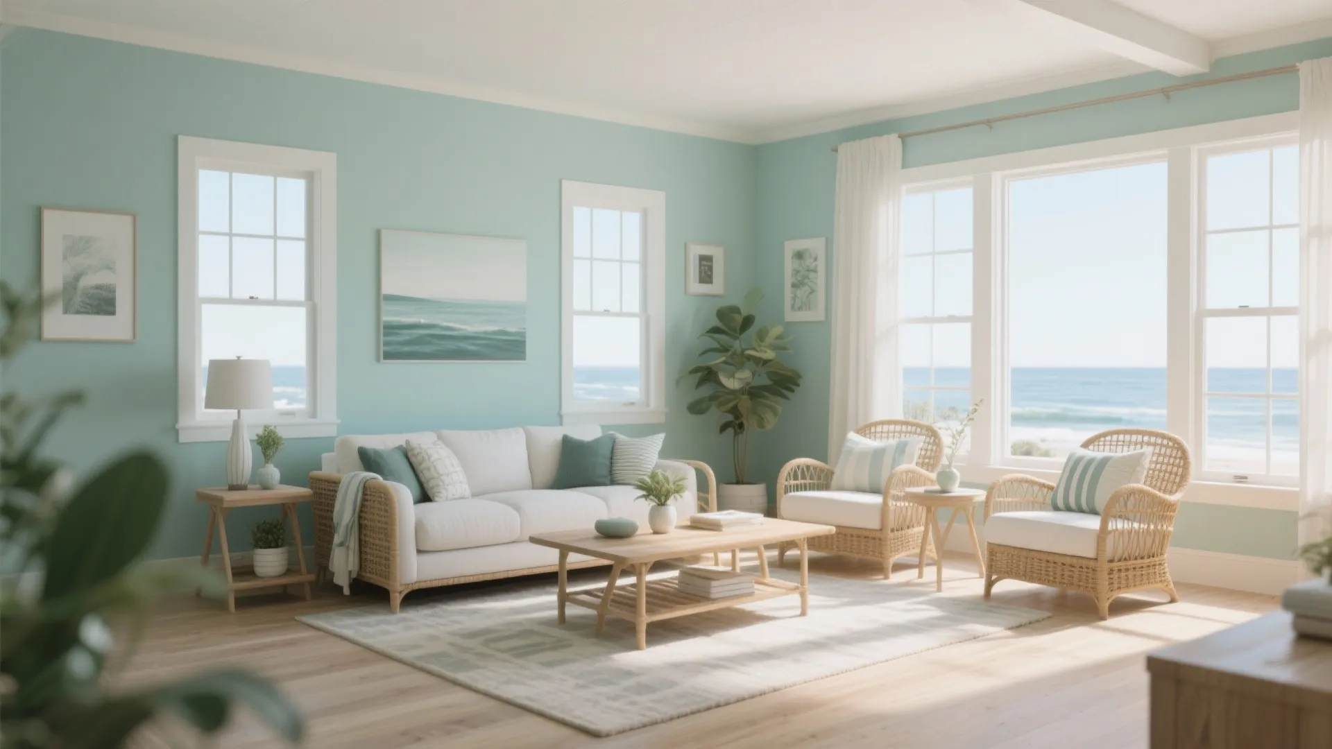 Coastal living room with light blue walls, white sofa, wicker chairs, and a clear view