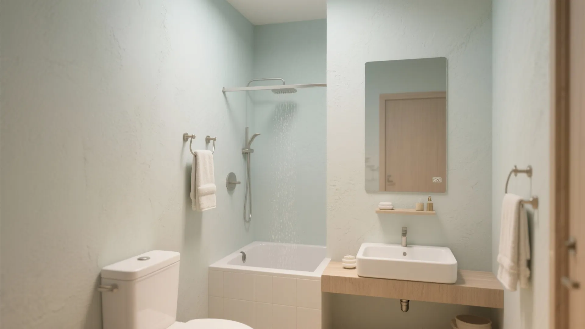 Modern bathroom with light green walls white bathtub toilet wooden sink shelf and square wall mirror