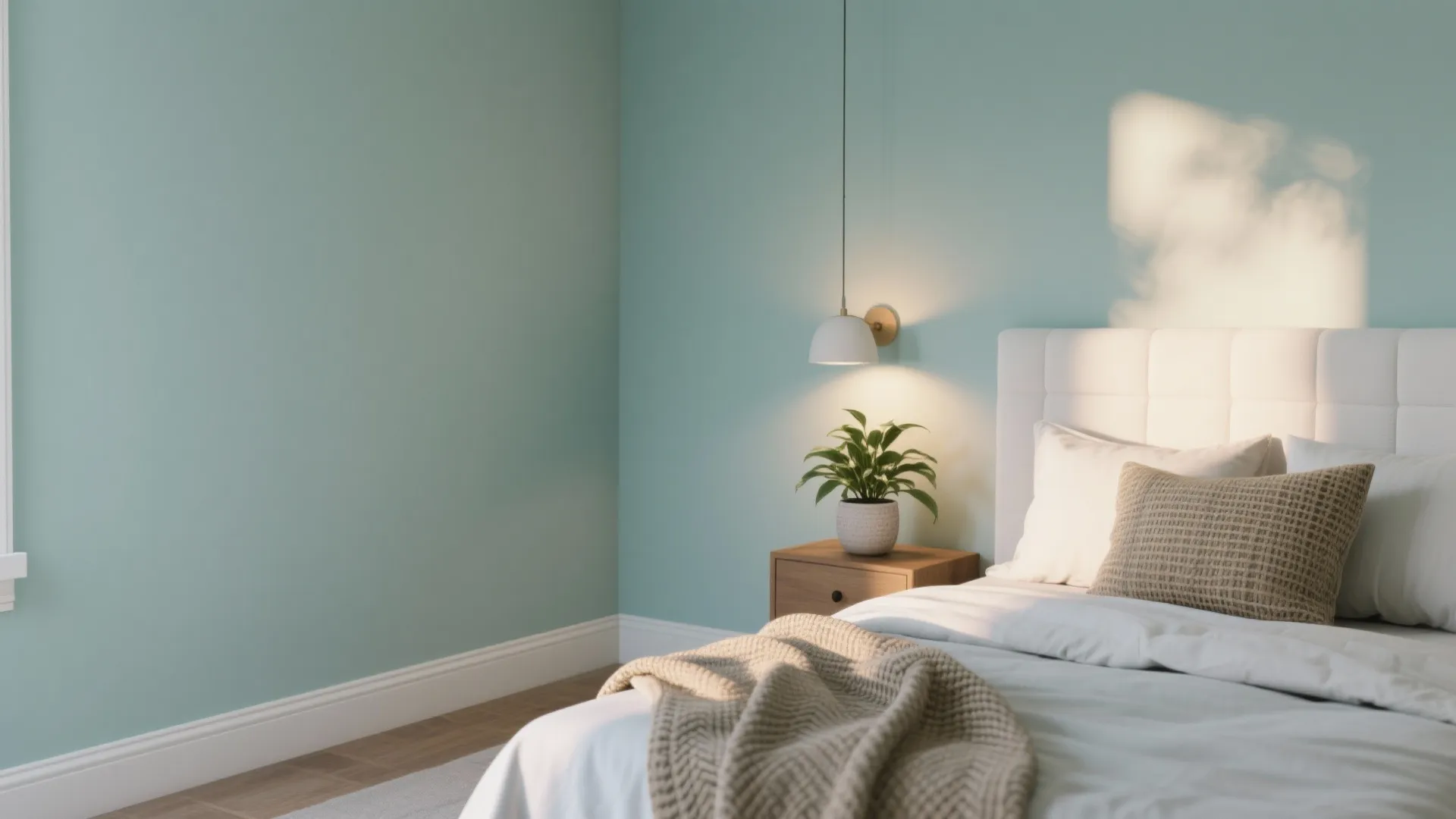 Soft green bedroom featuring white bedding, wooden bedside table, green plant, wall light, and sunlight