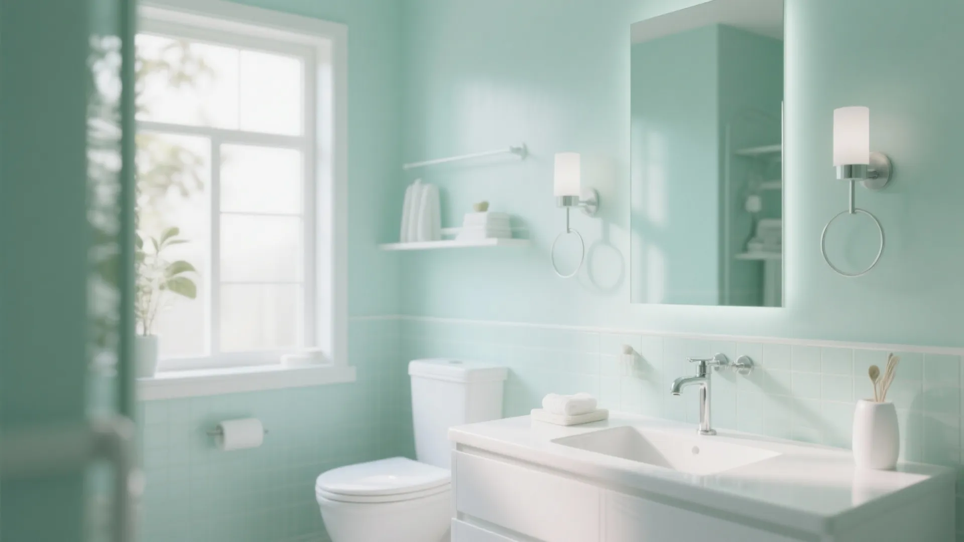Bright light green bathroom featuring white sink toilet mirror wall lights and a large bright window