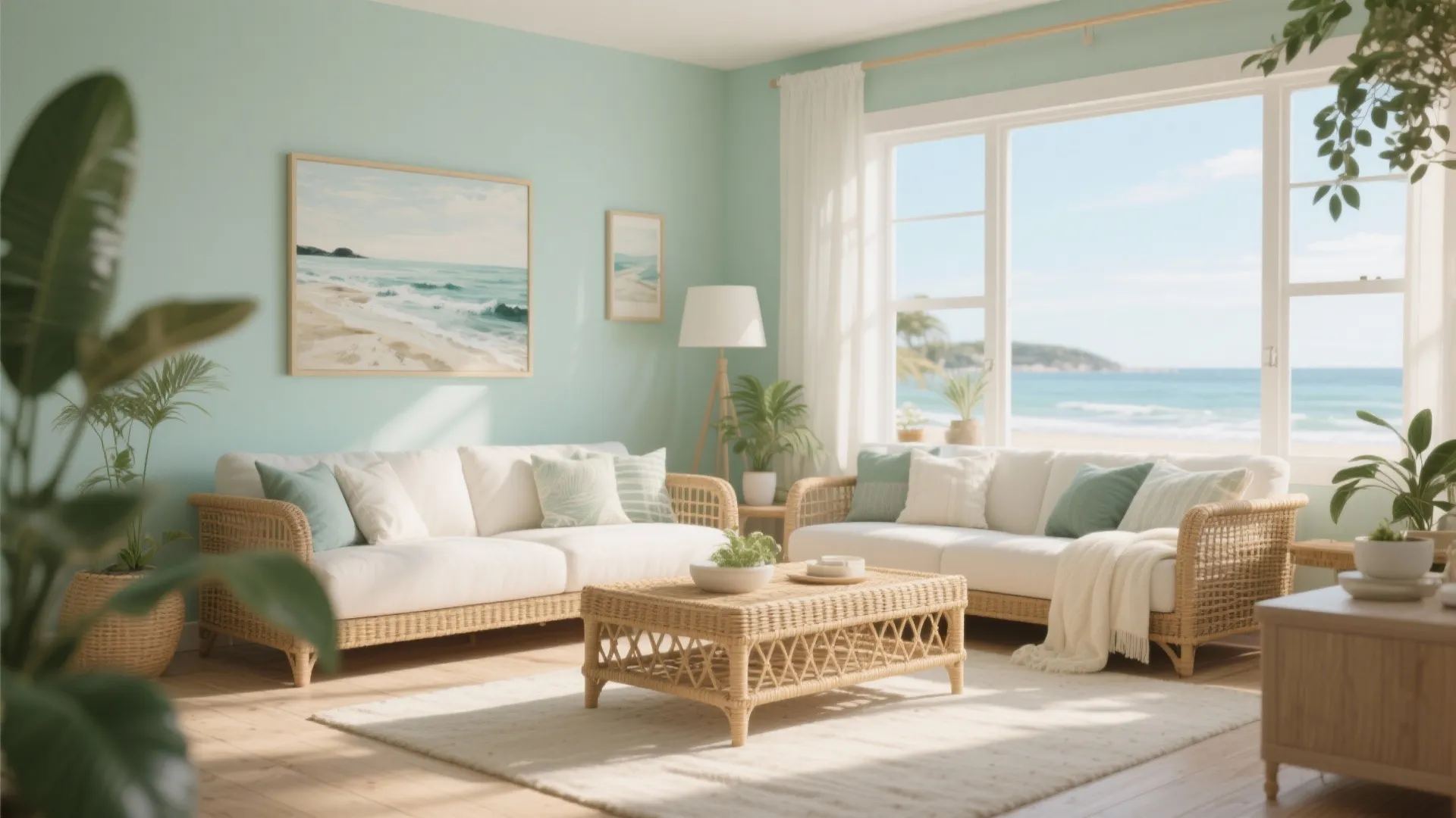 Coastal living room with seafoam walls wicker furniture beach art and large window viewing the ocean
