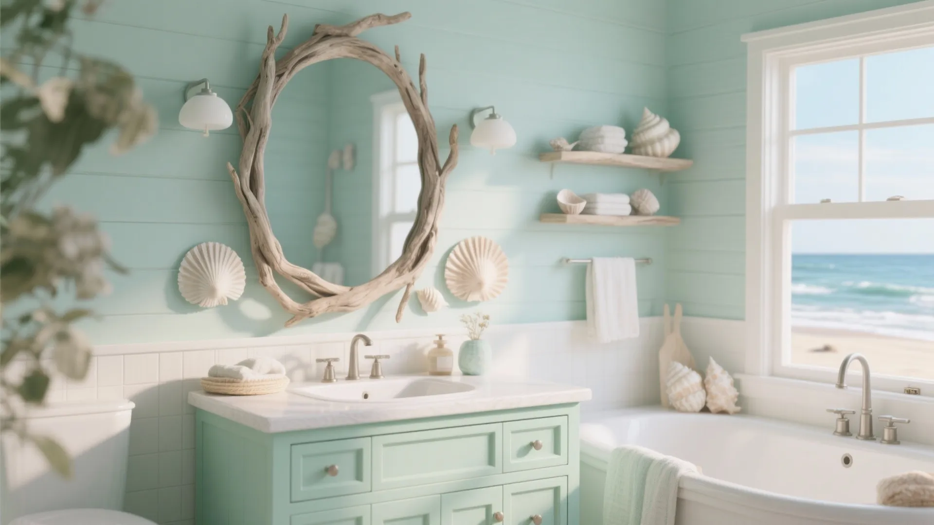 Seafoam green vanity with coastal beach house décor