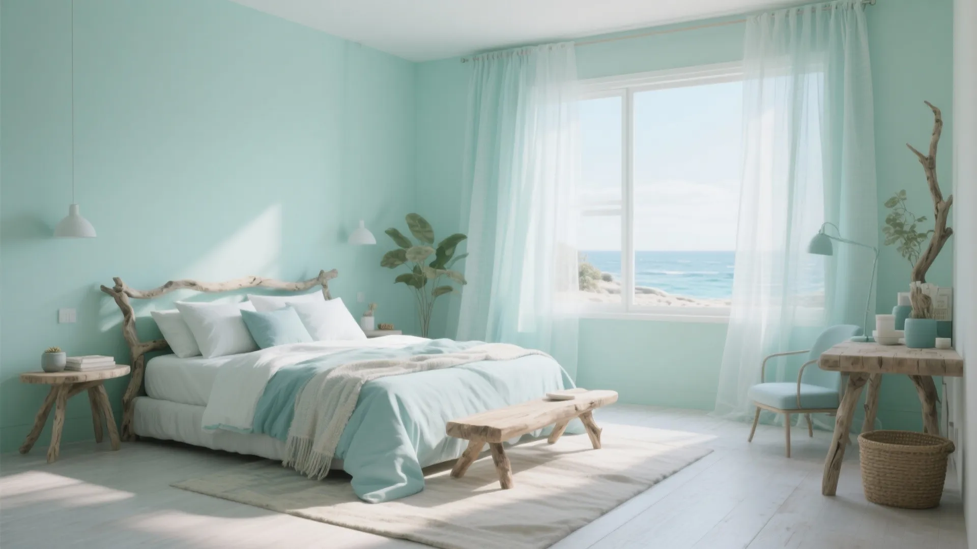 Airy seafoam-green bedroom with pale blue and off-white coastal accents