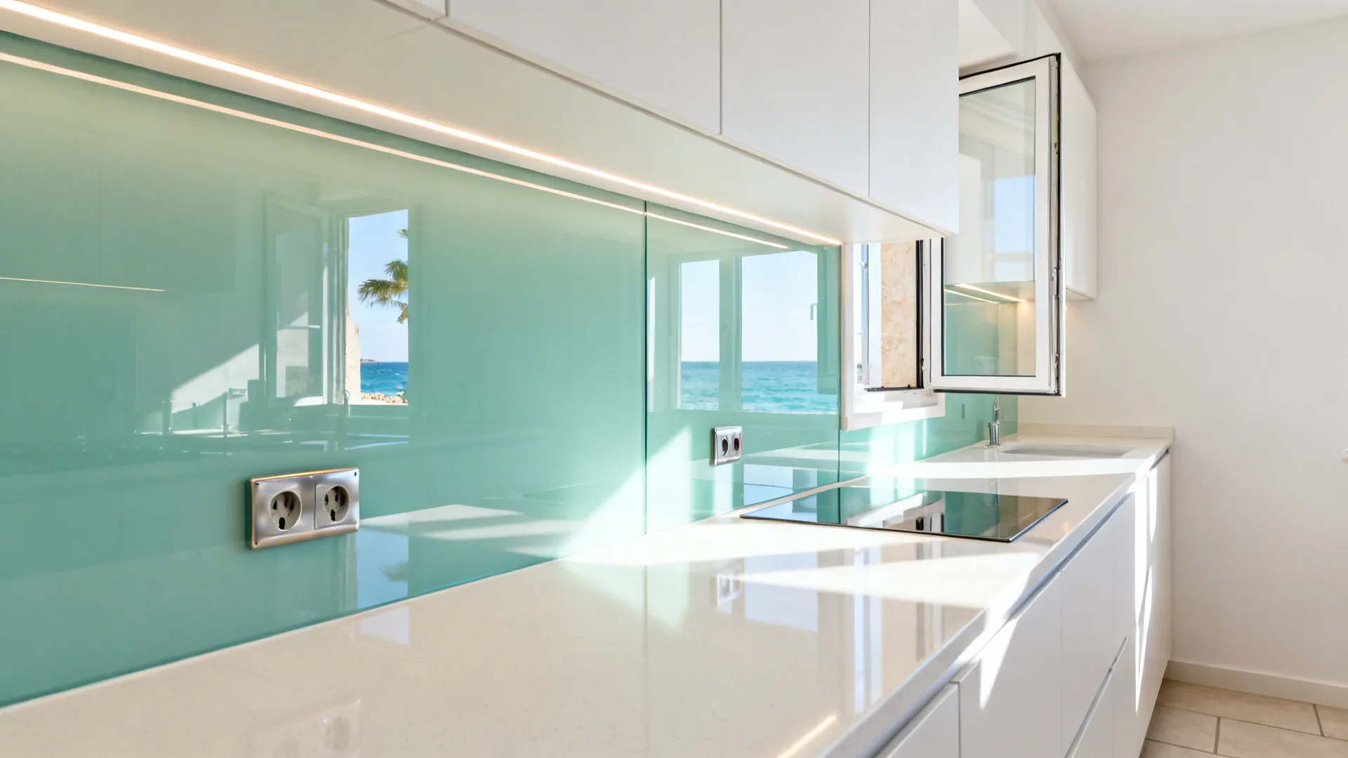 Glossy seafoam glass backsplash reflecting daylight in a narrow coastal galley kitchen.