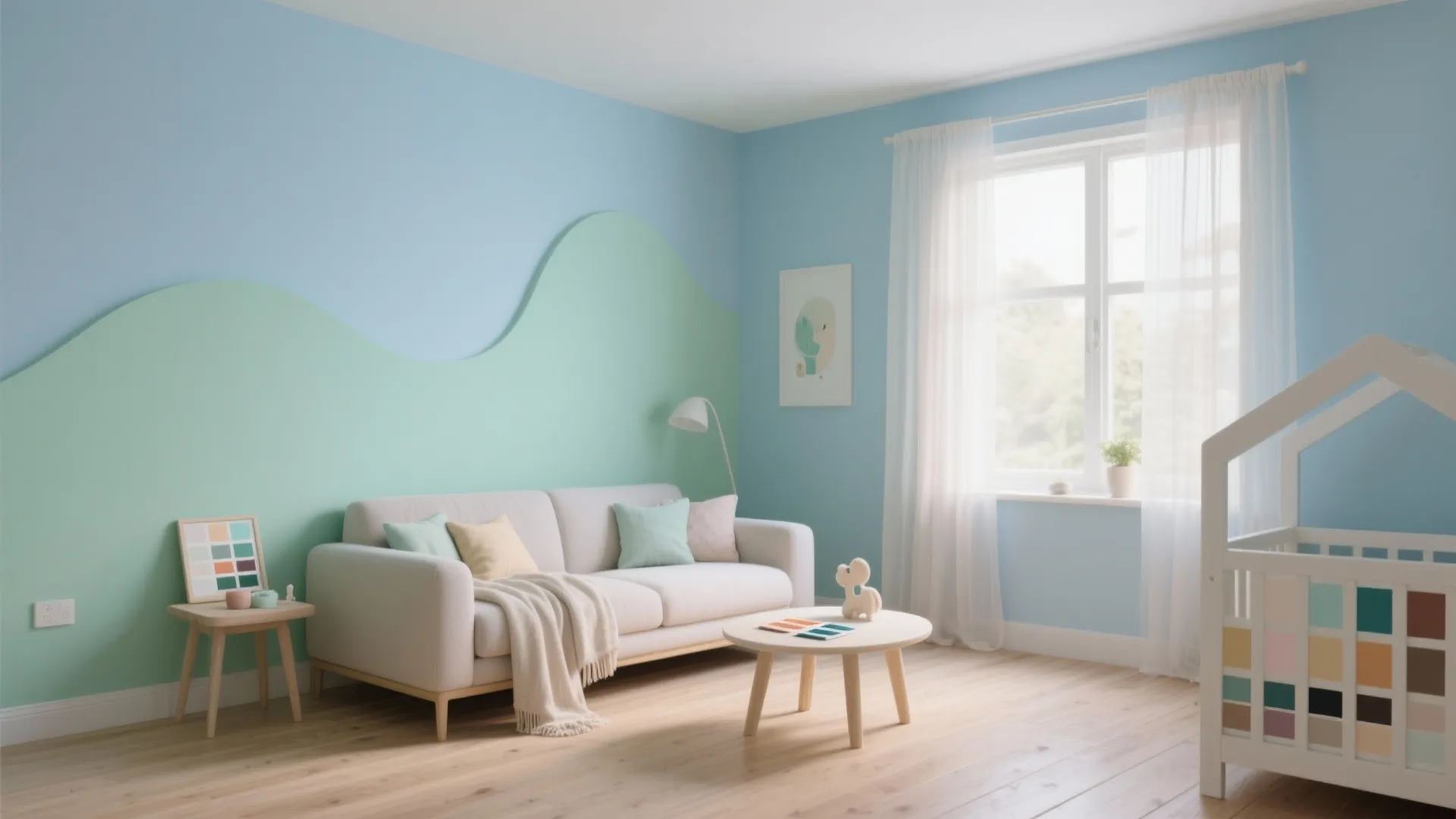 Small living room with a seafoam green accent wall and pale sky blue adjacent walls, light oak floor and soft textiles