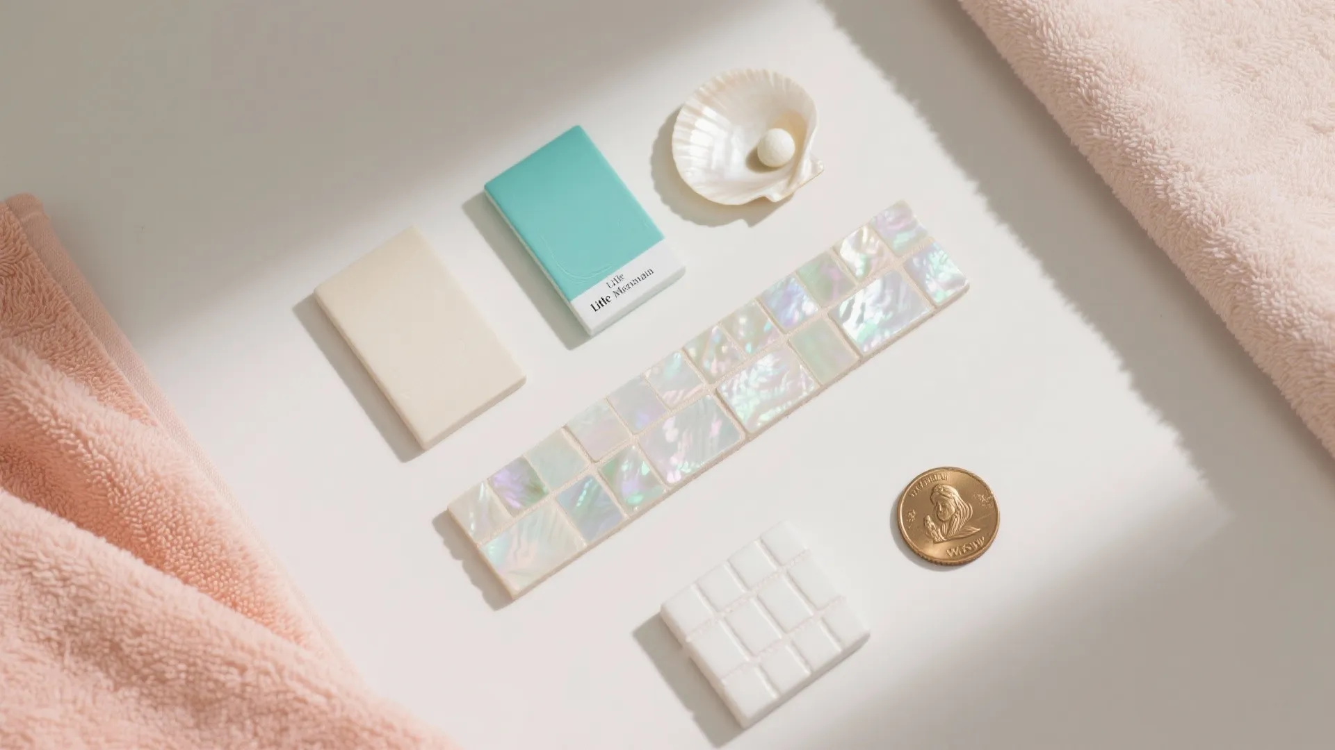 Interior design mood board with pink towel pearl shell tile samples and blue color paint card