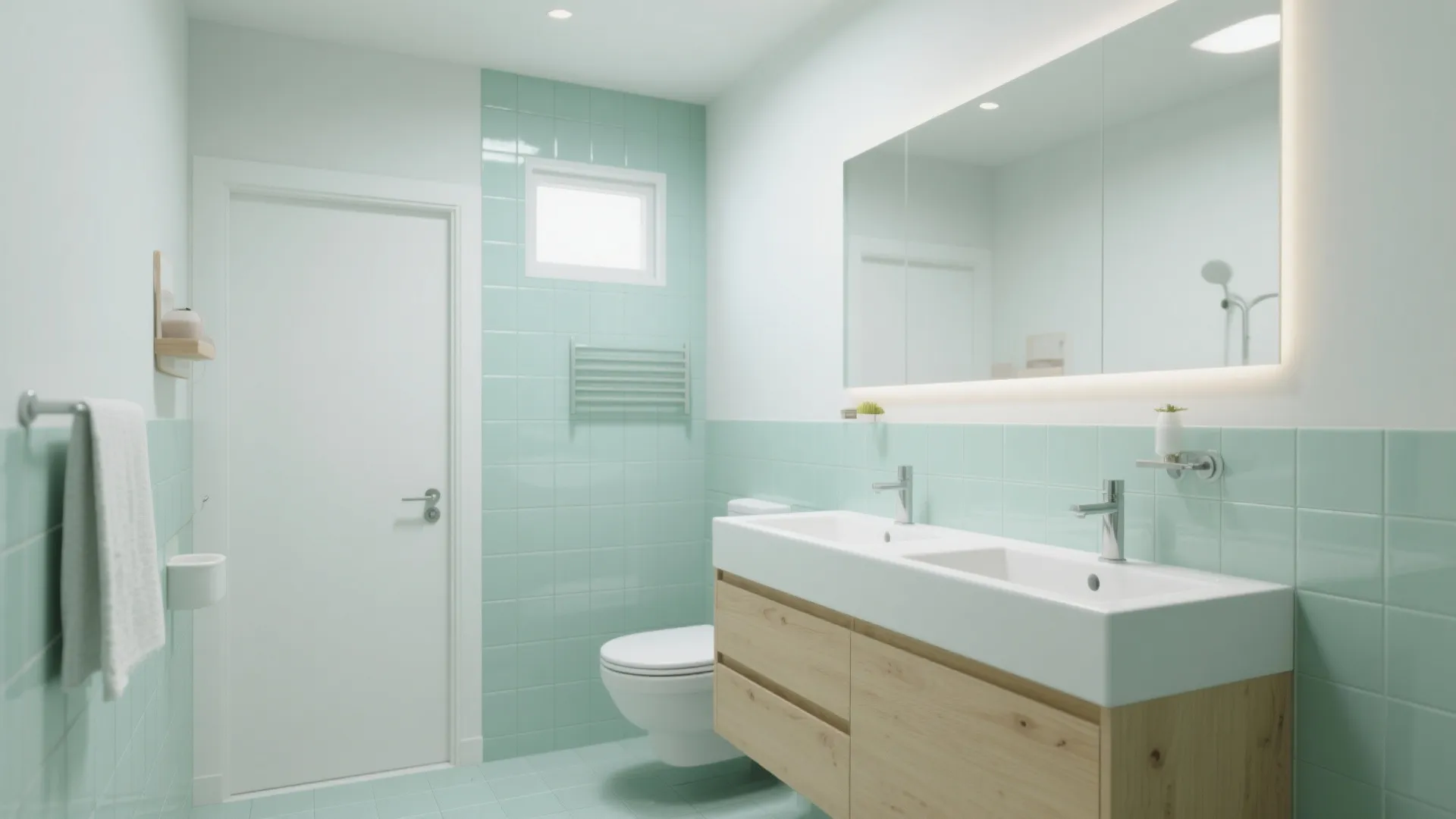 Modern bathroom with light green wall tiles white double sink wooden cabinet and large wall mirror