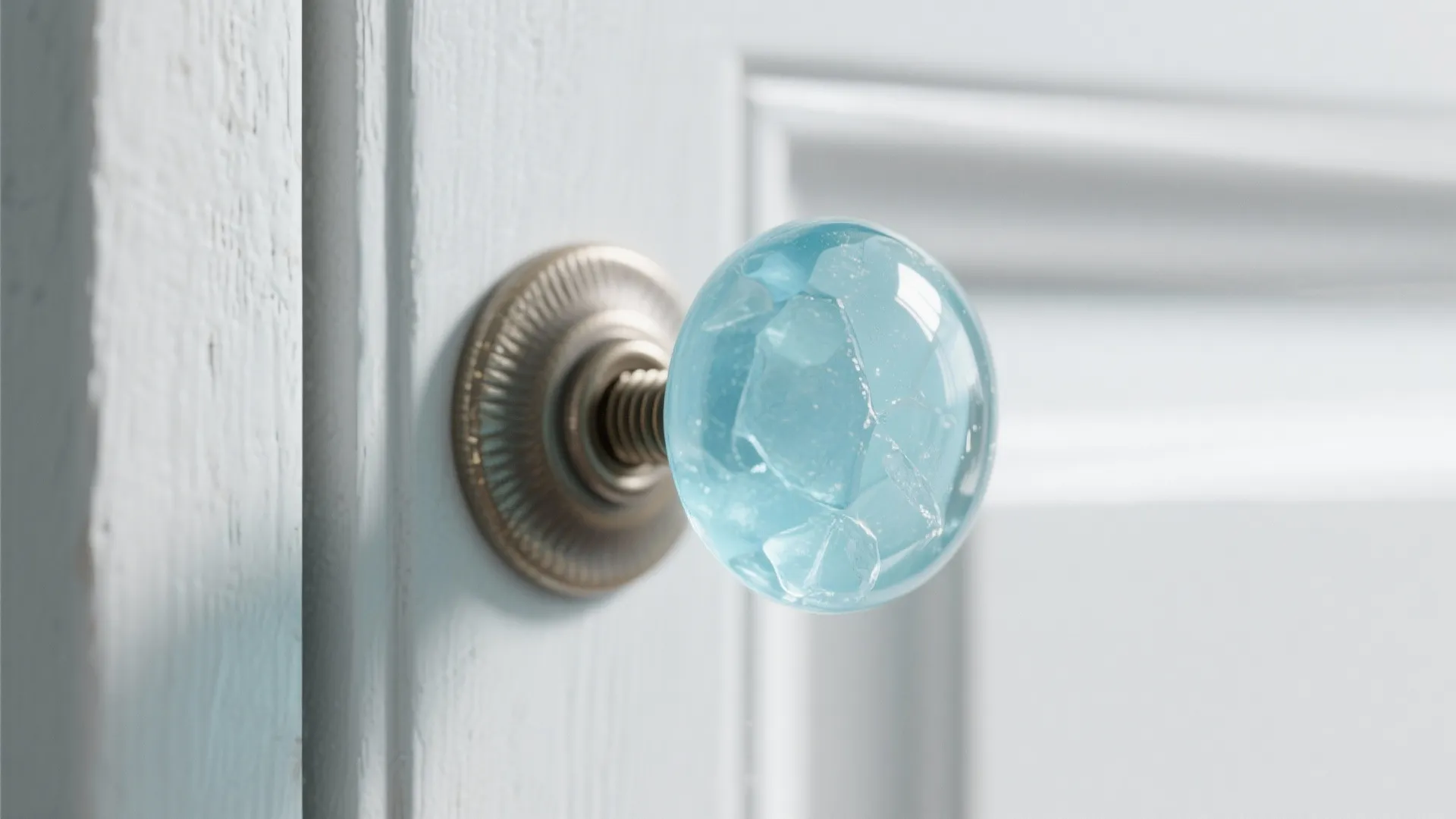 Light blue glass door knob on white cabinet door with round metal base and textured finish