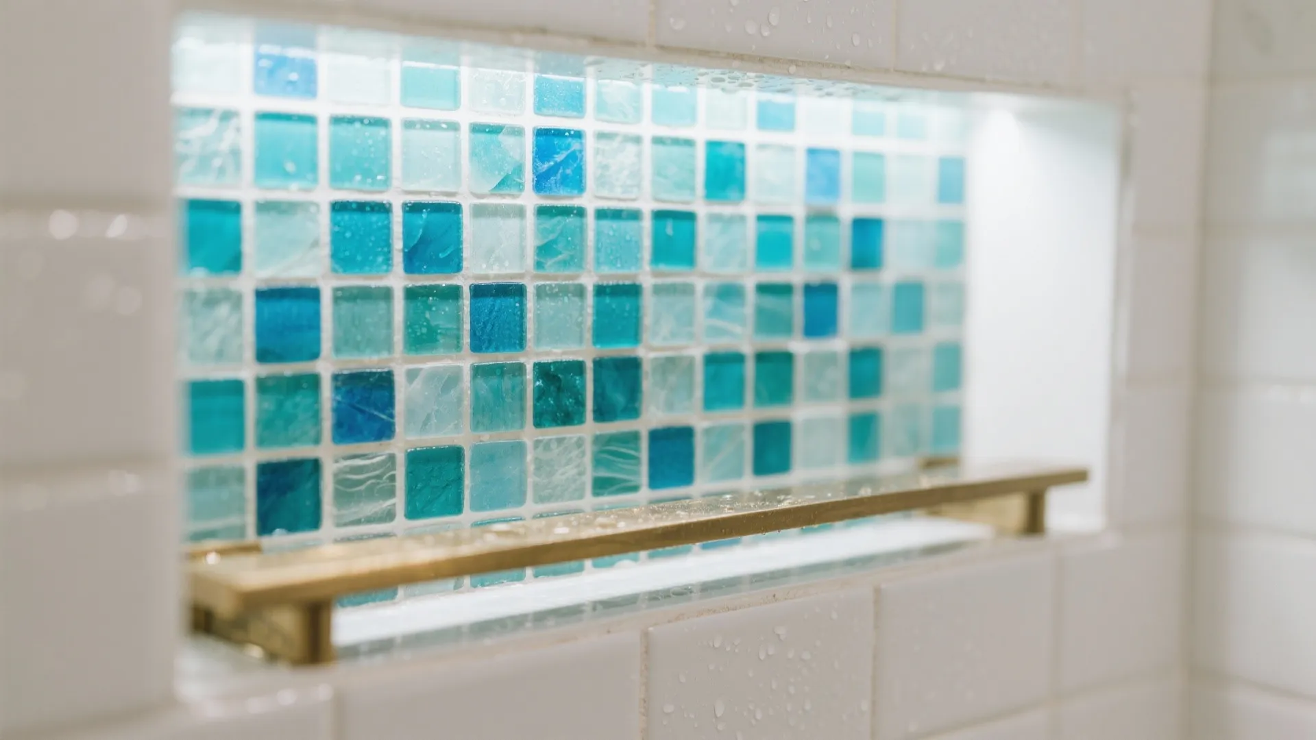 Close up of a shower wall niche with blue glass tiles and a gold shelf bar