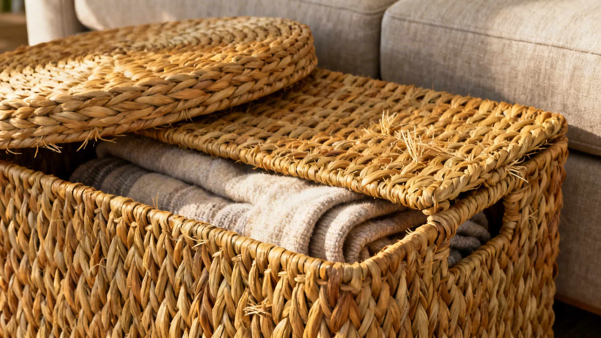 Close-up of a woven seagrass basket with a snug lid and folded throws inside, showing natural texture.