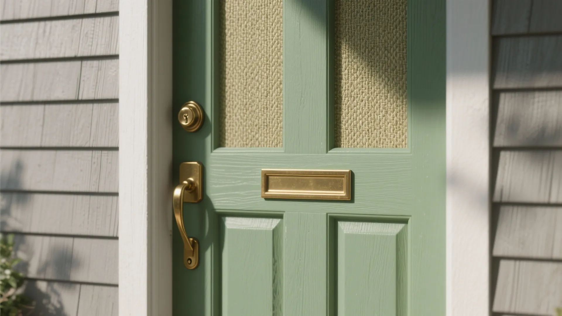 Close up of a green front door with gold handle lock and a small metal mailbox