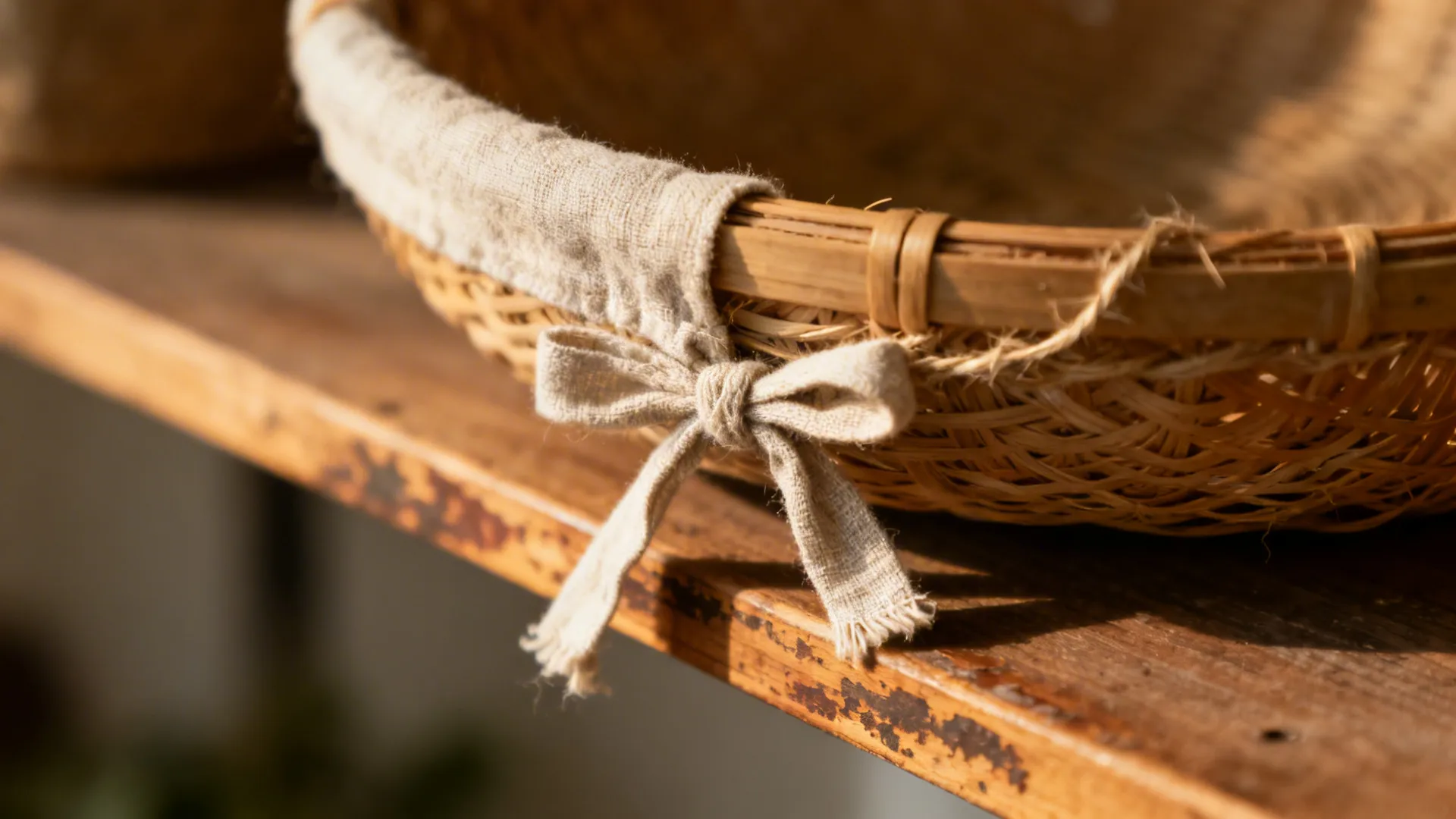Macro of braided seagrass basket with a linen tie on a wooden shelf.