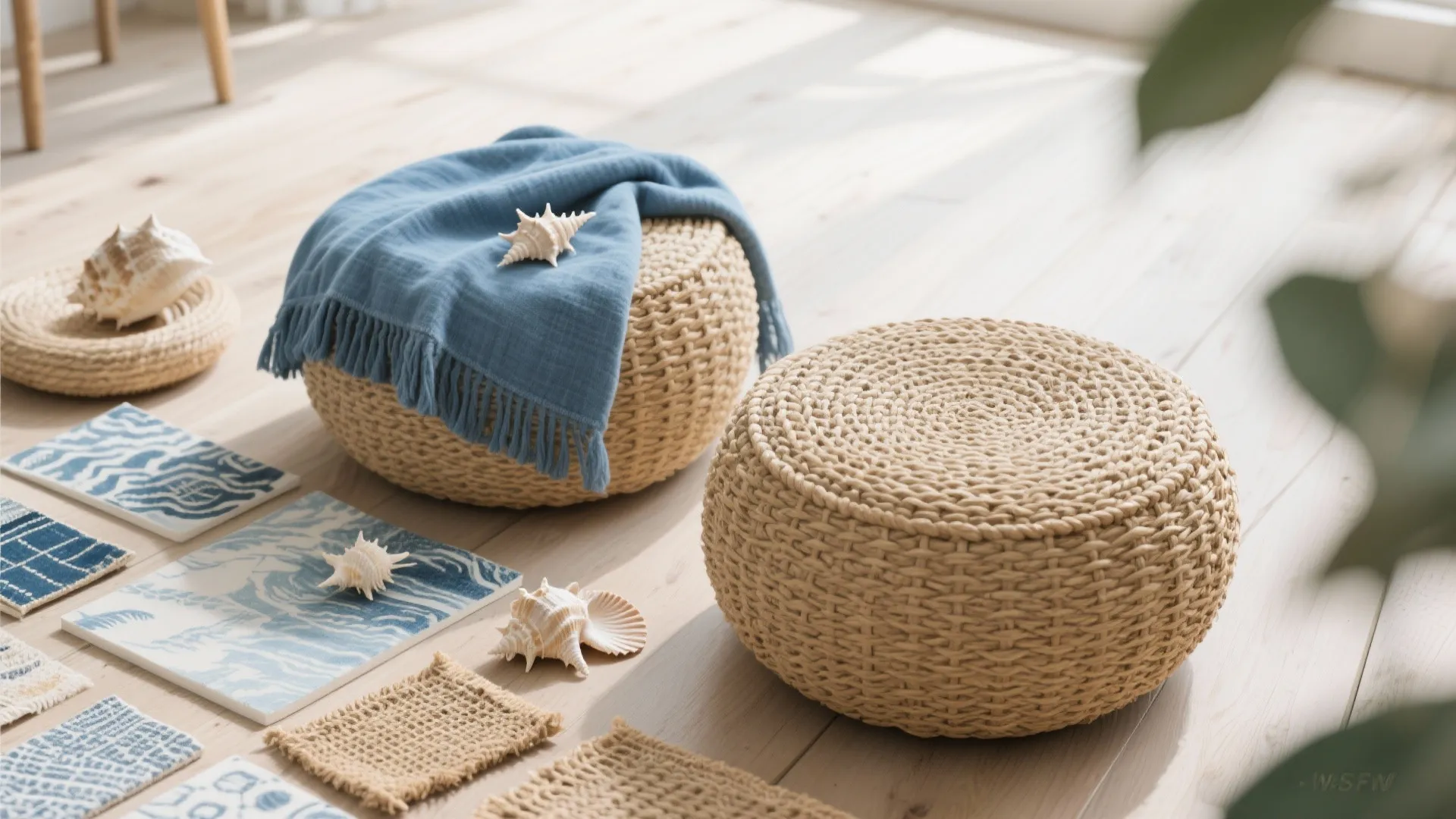 Round woven footrests on a wooden floor with a blue blanket and seashells in sunlight