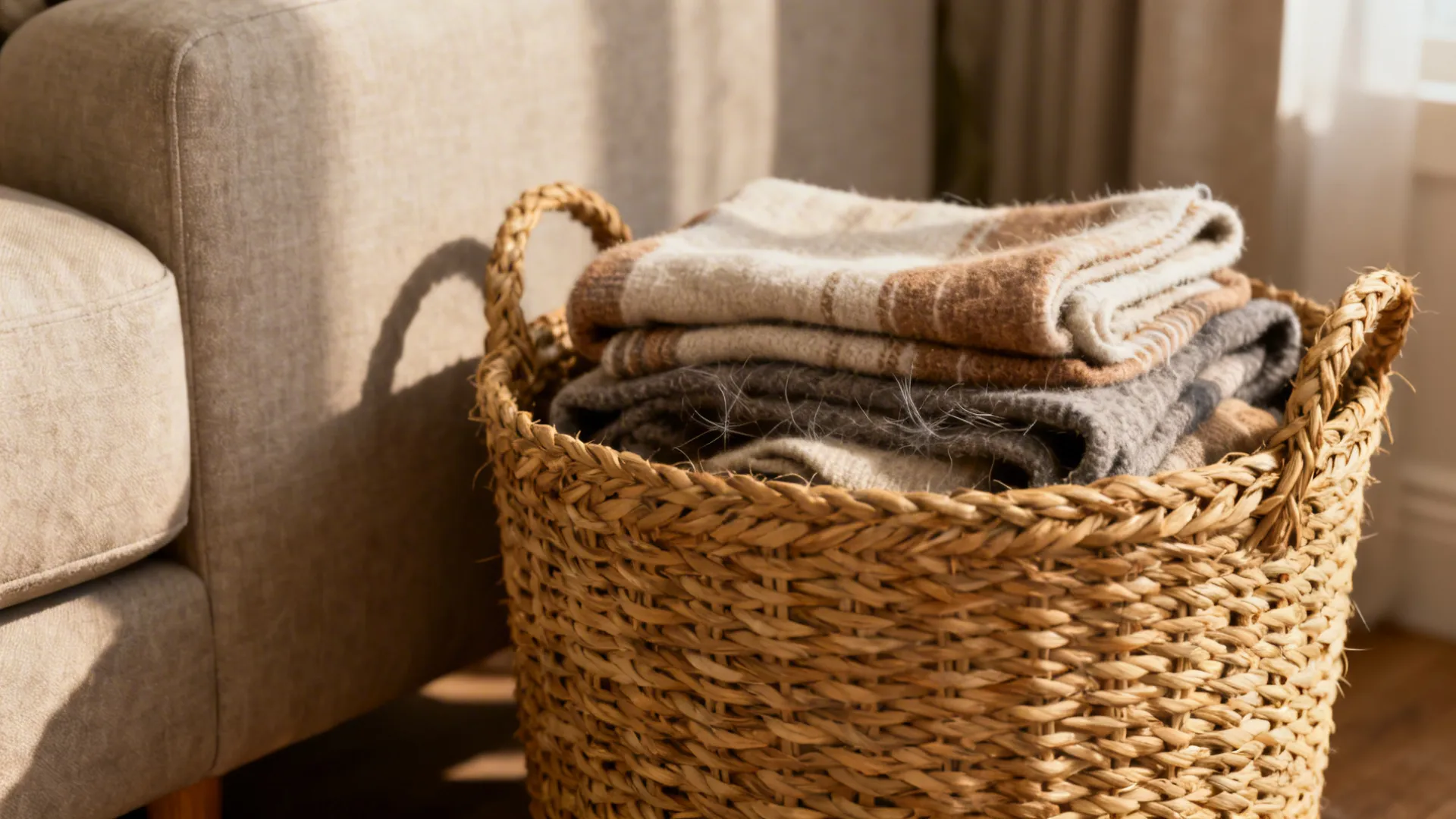 Close-up of woven seagrass basket with folded throws beside a sofa, showing natural texture.