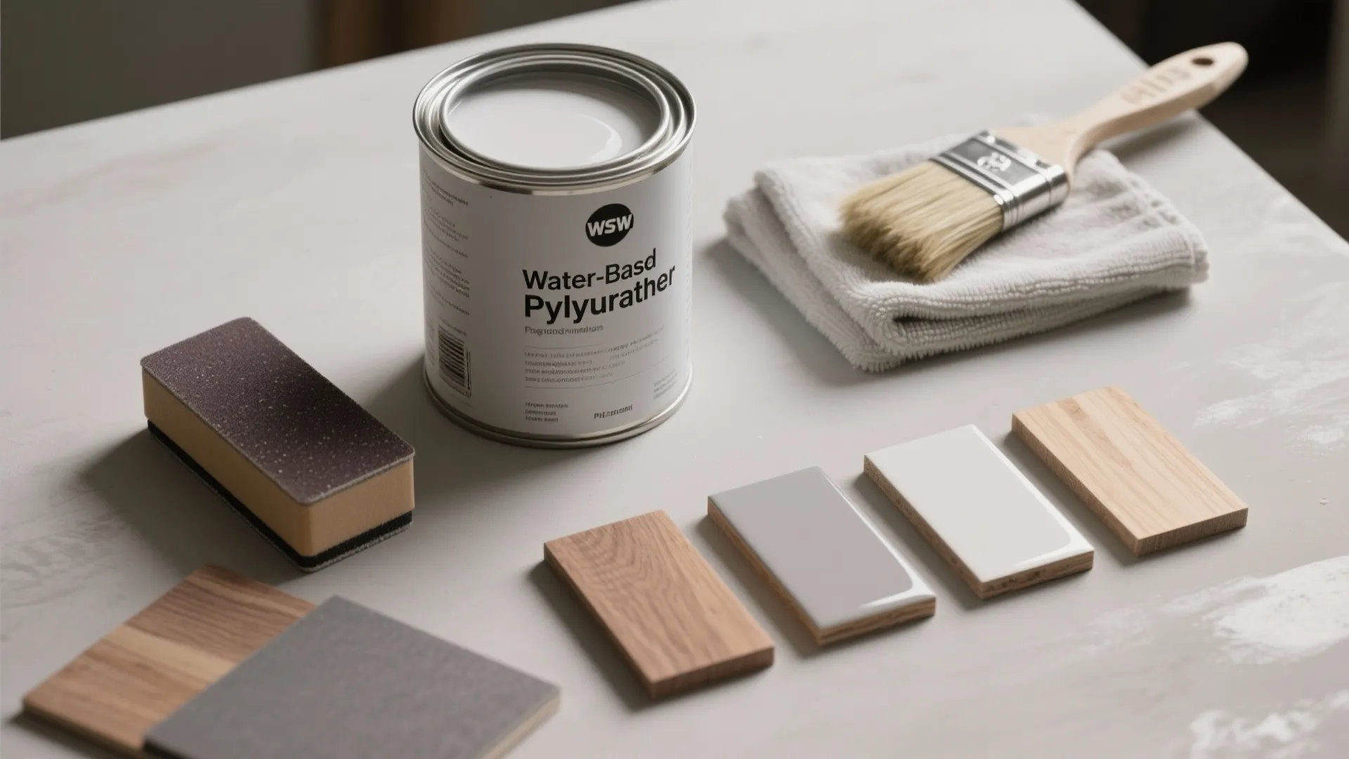 Table maintenance kit with wood paint can brush towel sanding block and various material samples