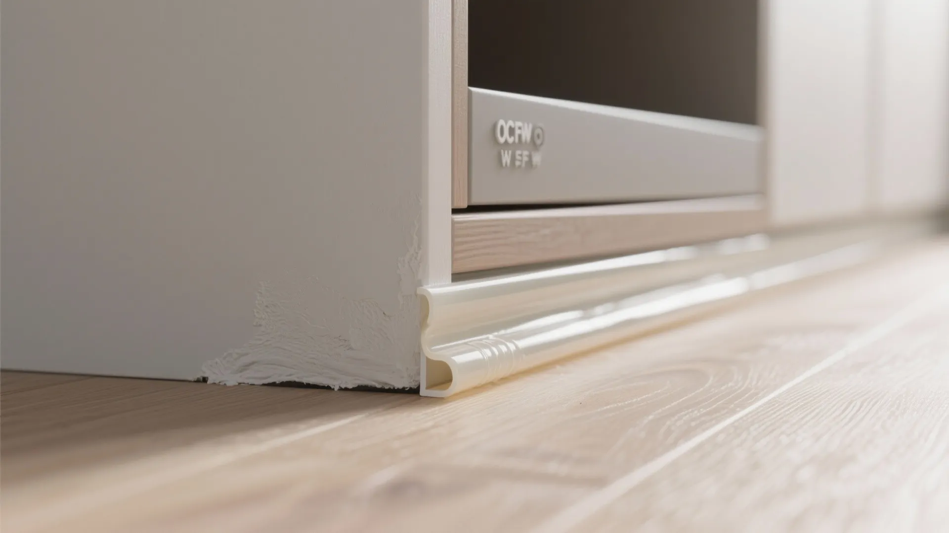 Macro view of silicone seal installed at cabinet-floor gap to block ant entry.