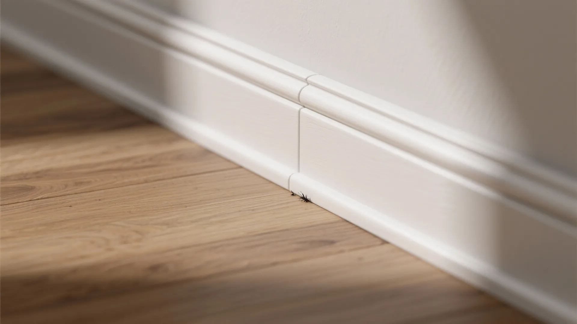 Close up of white wall panel baseboard on wooden floor with small insect in the gap