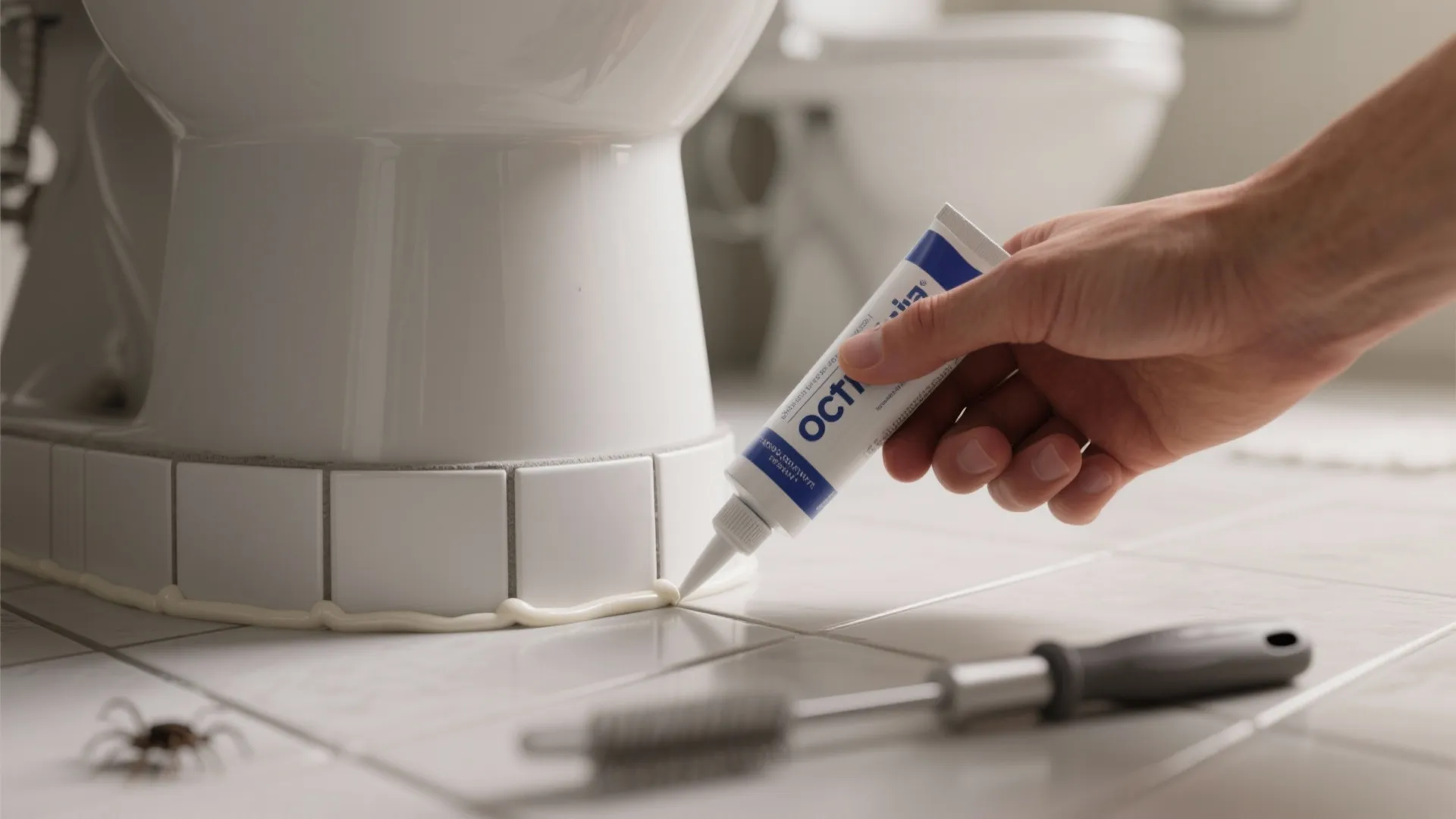 Hand applying white sealant around the base of a toilet to fix cracks and leaks