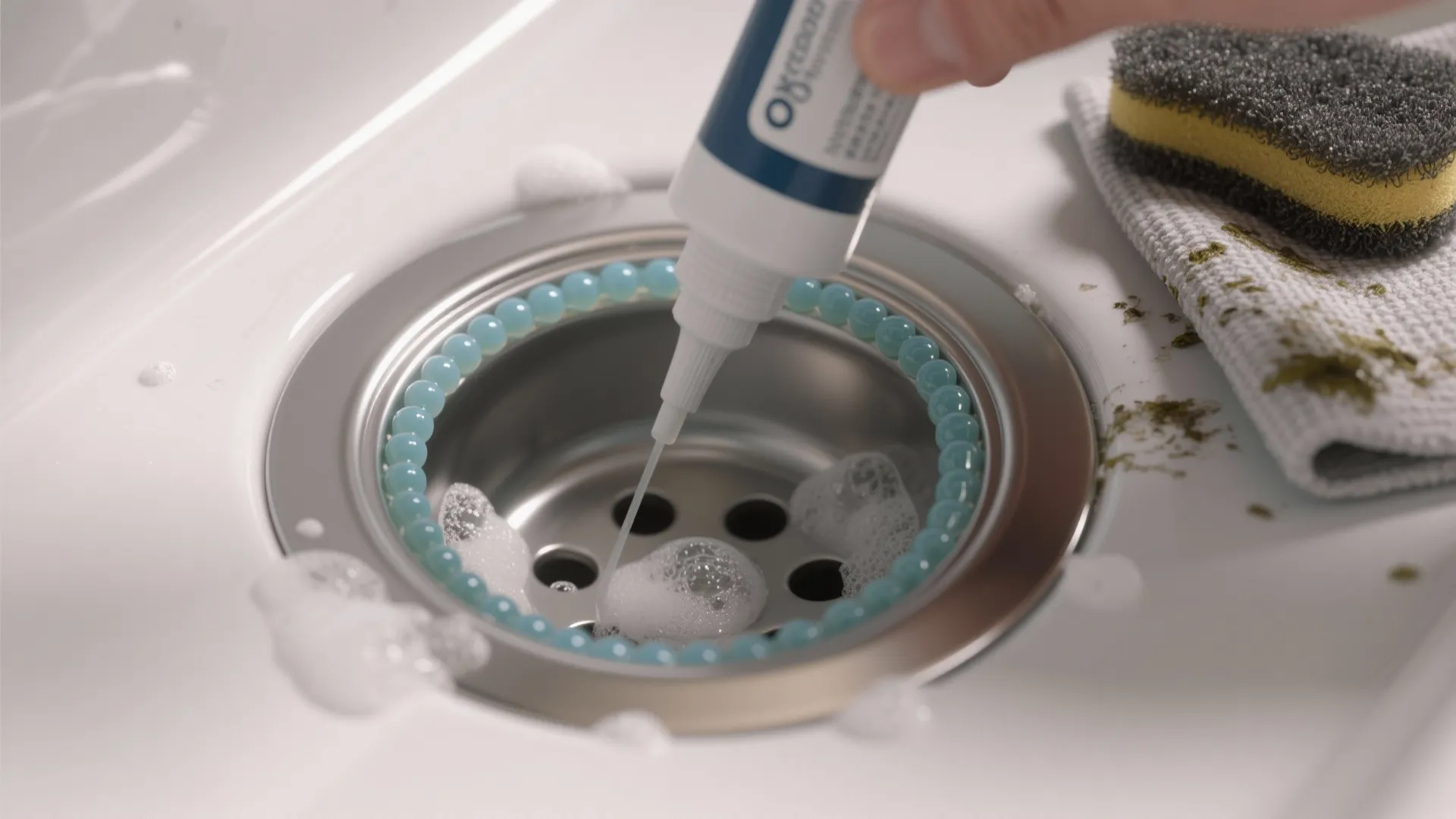 Applying liquid sealant from a white tube into a stainless steel sink drain with blue beads