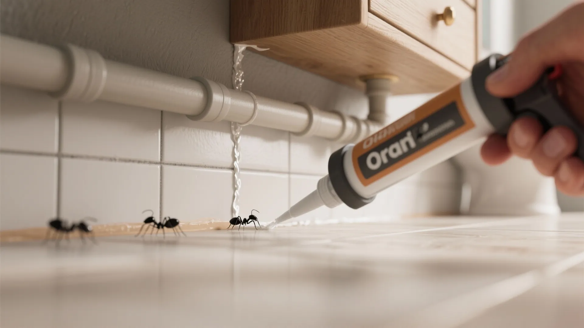 Hand using a white sealant tool to fill gaps near ants under a wooden wall cabinet